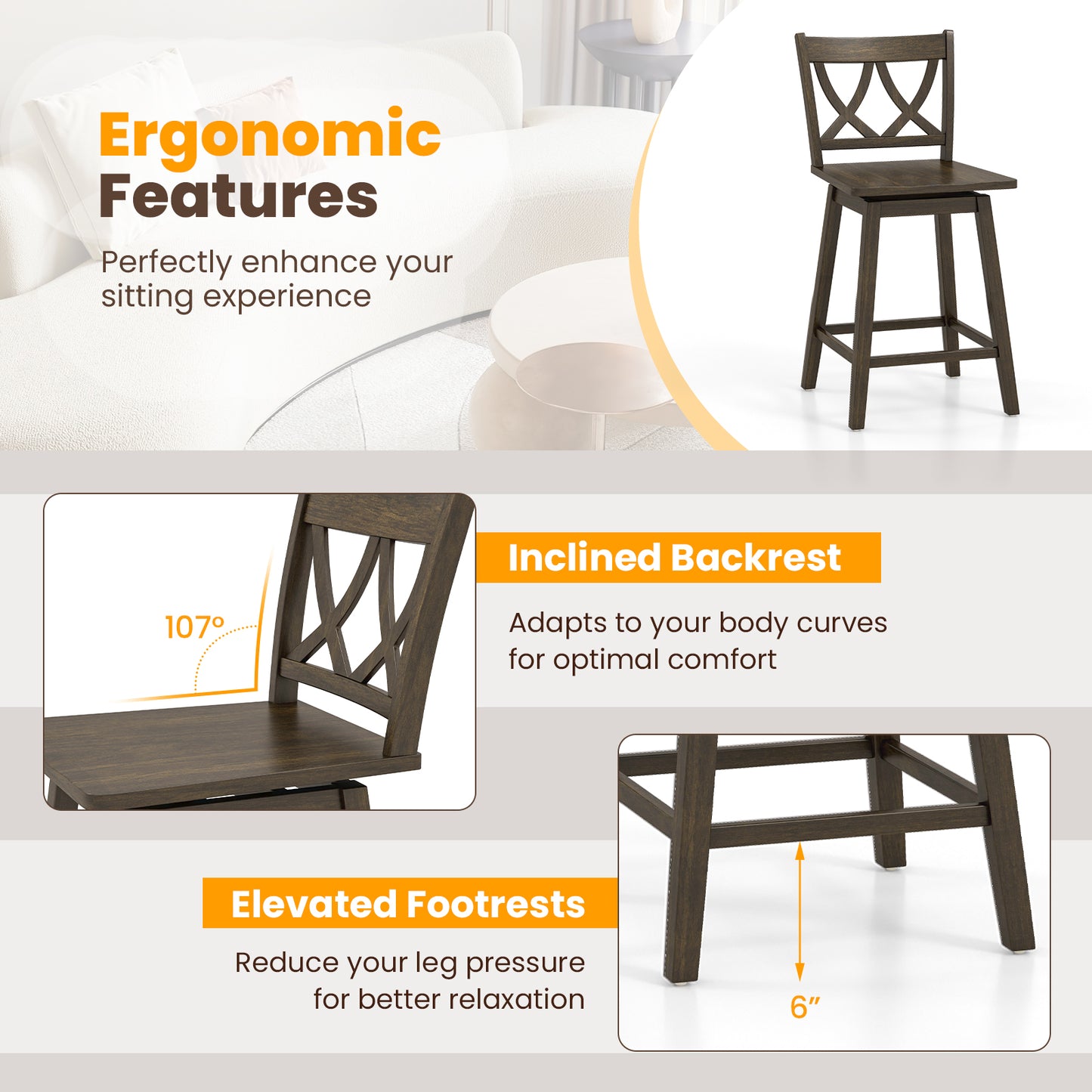 Wooden Bar Stool Set of 2 with Durable Rubber Wood Frame and Swivel Seat - 24 Inch