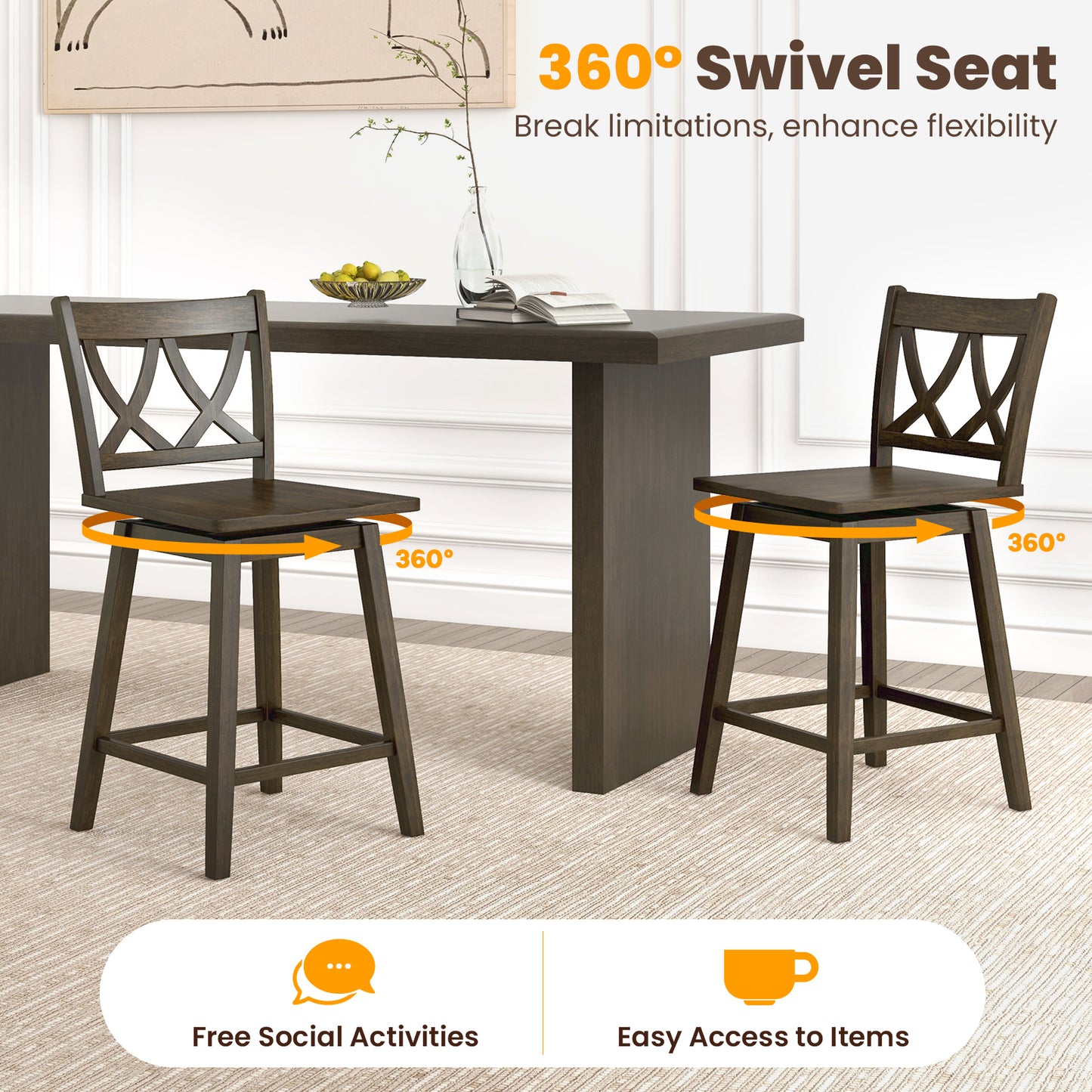 Wooden Bar Stool Set of 2 with Durable Rubber Wood Frame and Swivel Seat - 24 Inch