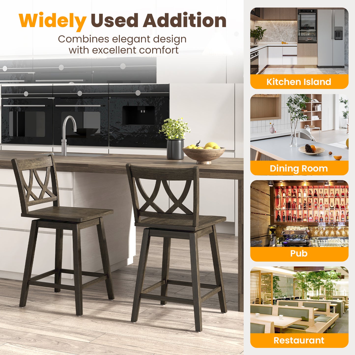 Wooden Bar Stool Set of 2 with Durable Rubber Wood Frame and Swivel Seat - 24 Inch