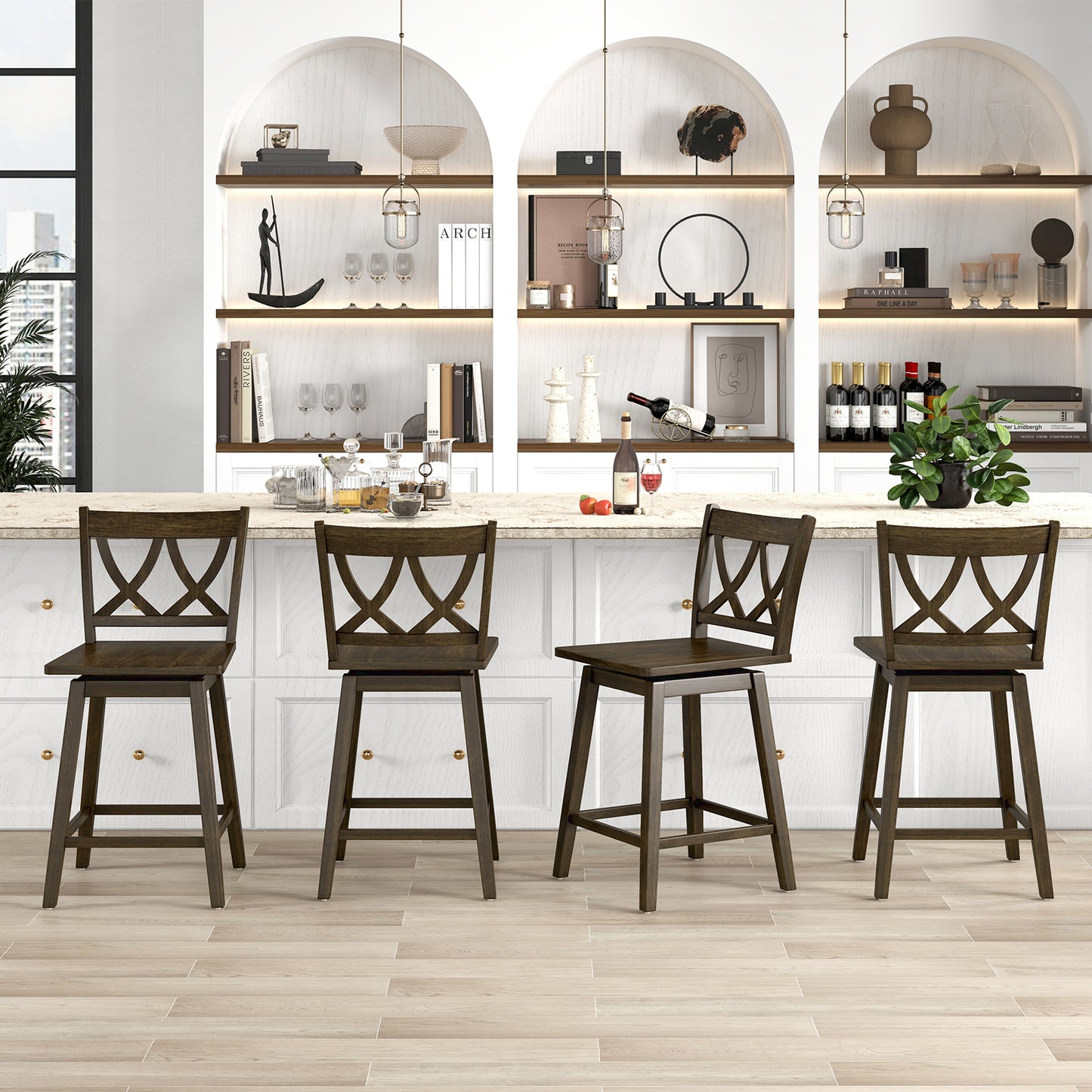 Wooden Bar Stool Set of 2 with Durable Rubber Wood Frame and Swivel Seat - 24 Inch