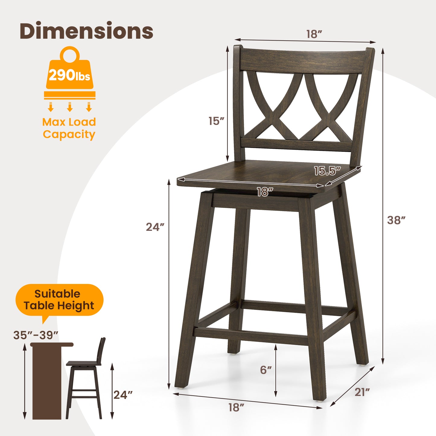 Wooden Bar Stool Set of 2 with Durable Rubber Wood Frame and Swivel Seat - 24 Inch