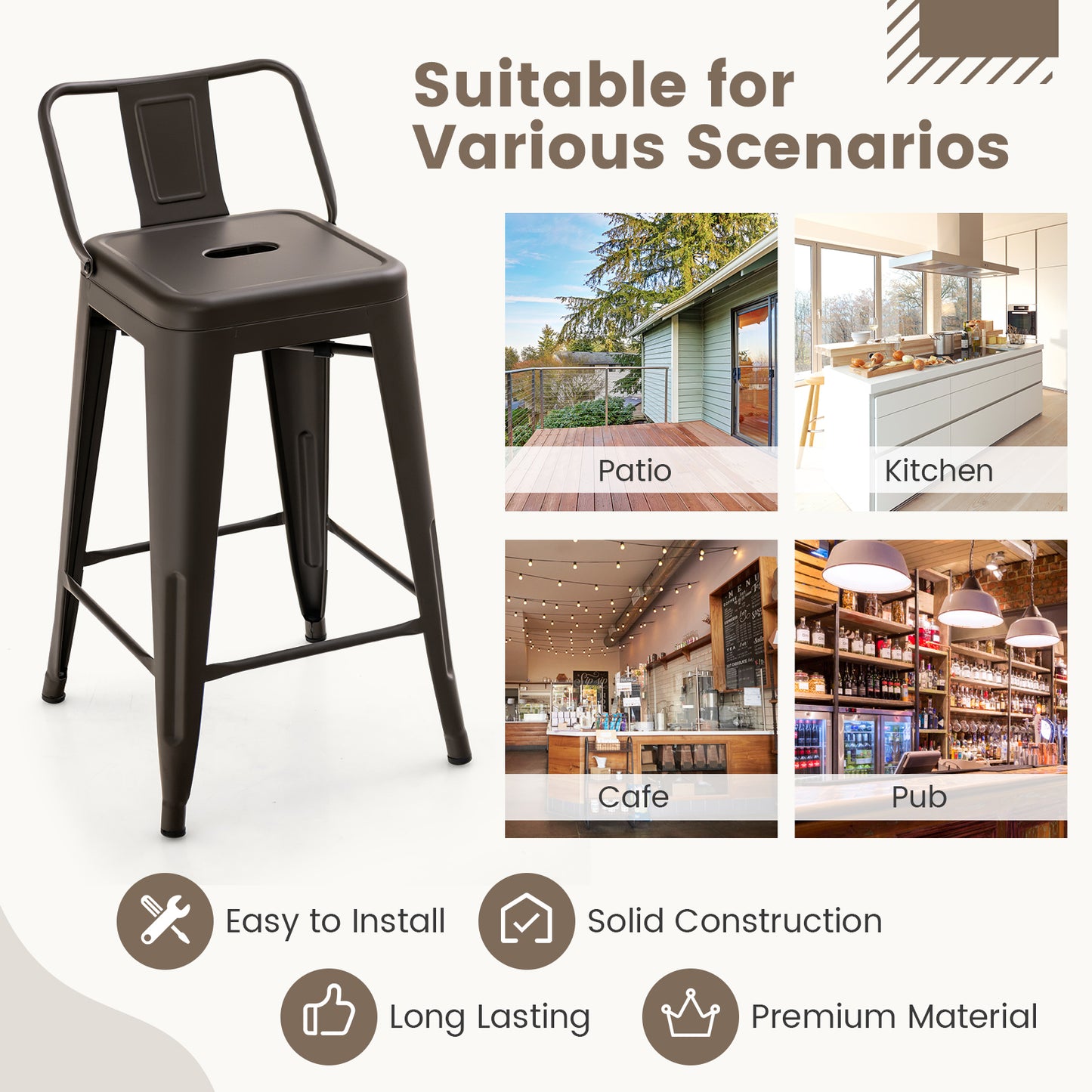 Set of 4 Stackable 24 Inch Metal Cafe Chairs with Removable Backs and Rubber Feet in Gunmetal
