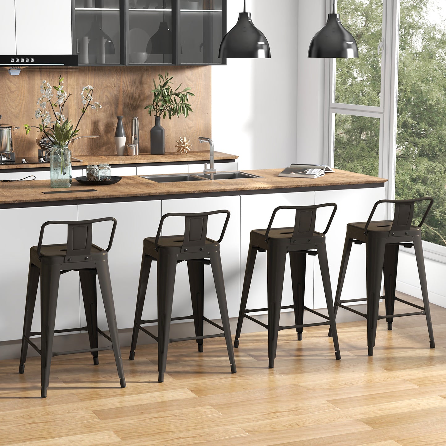 Set of 4 Stackable 24 Inch Metal Cafe Chairs with Removable Backs and Rubber Feet in Gunmetal