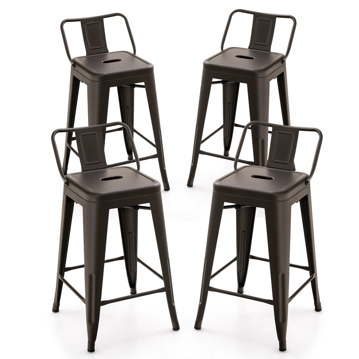 Set of 4 Stackable 24 Inch Metal Cafe Chairs with Removable Backs and Rubber Feet in Gunmetal