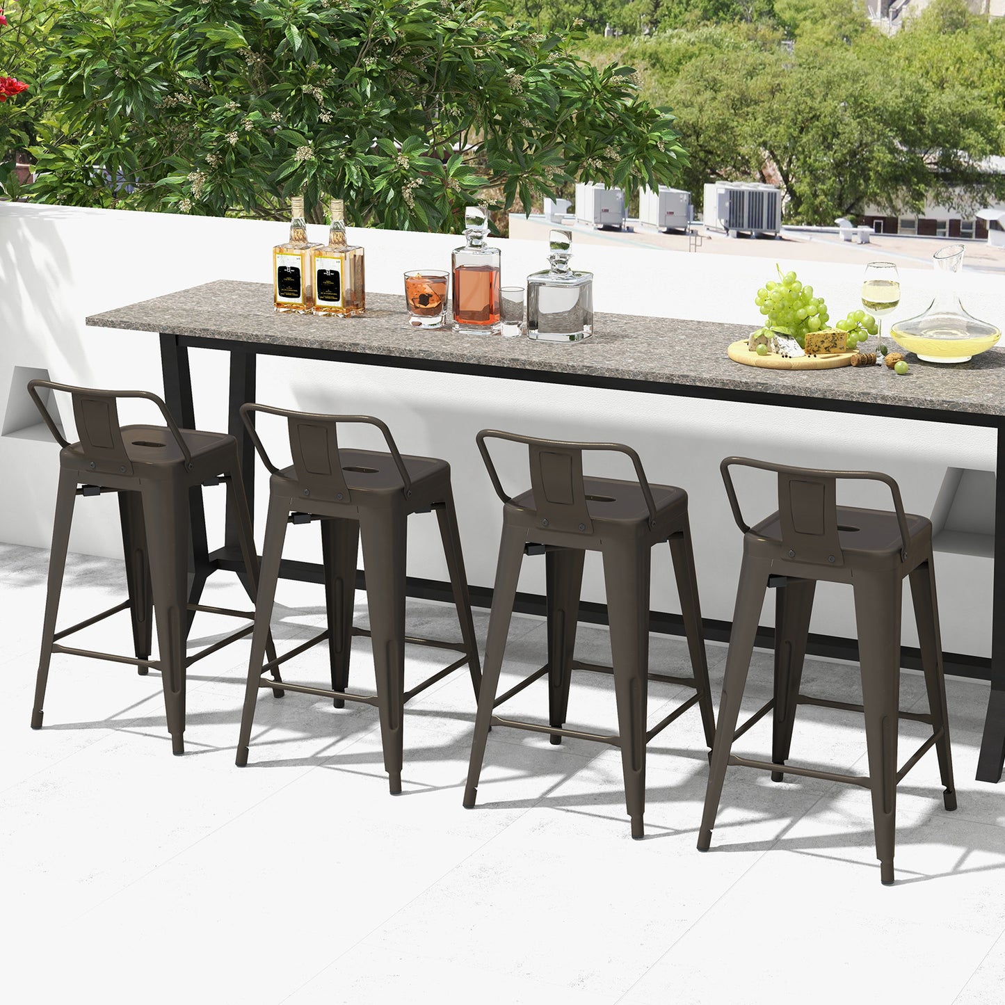 Set of 4 Stackable 24 Inch Metal Cafe Chairs with Removable Backs and Rubber Feet in Gunmetal