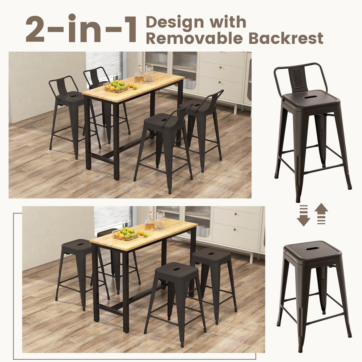 Set of 4 Stackable 24 Inch Metal Cafe Chairs with Removable Backs and Rubber Feet in Gunmetal