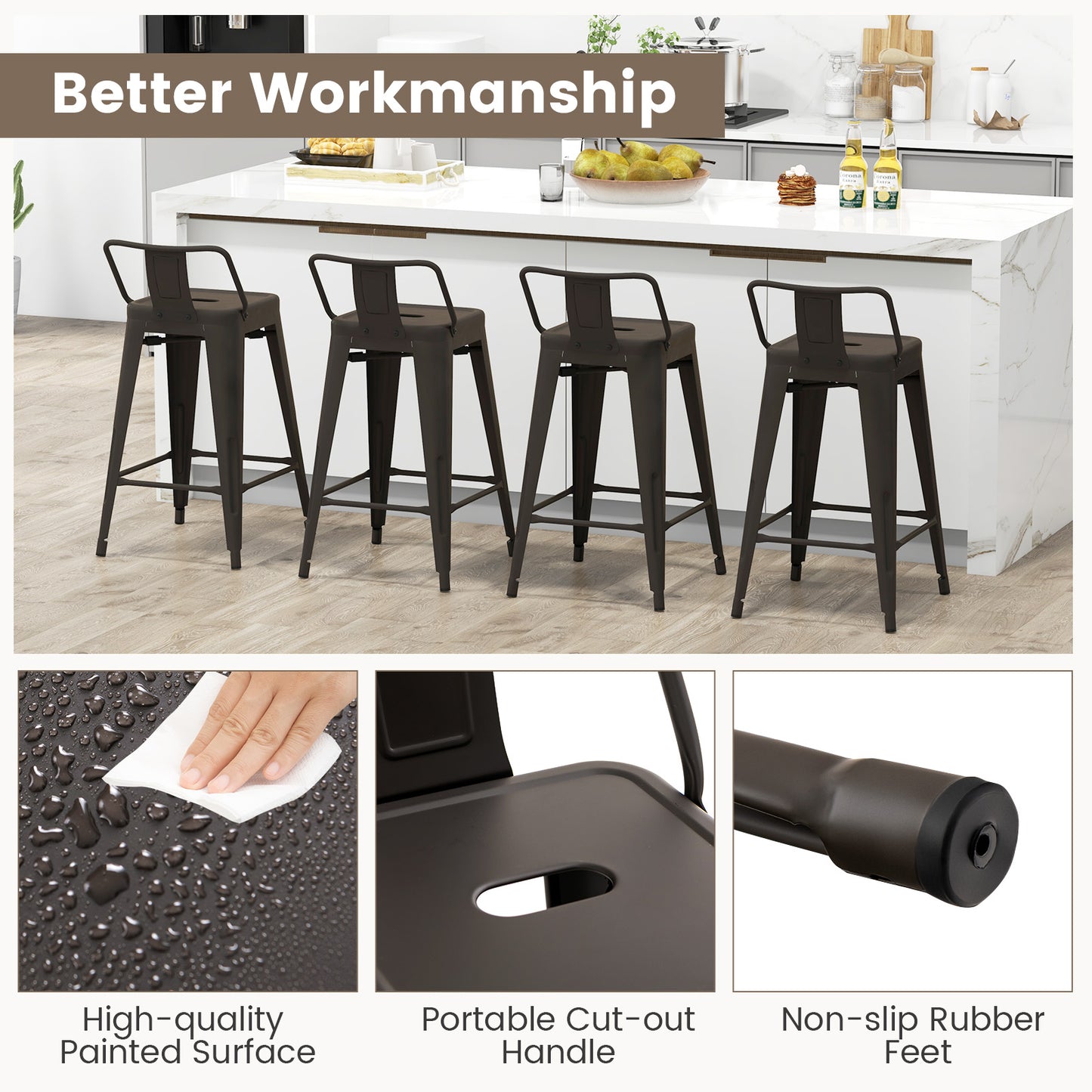 Set of 4 Stackable 24 Inch Metal Cafe Chairs with Removable Backs and Rubber Feet in Gunmetal