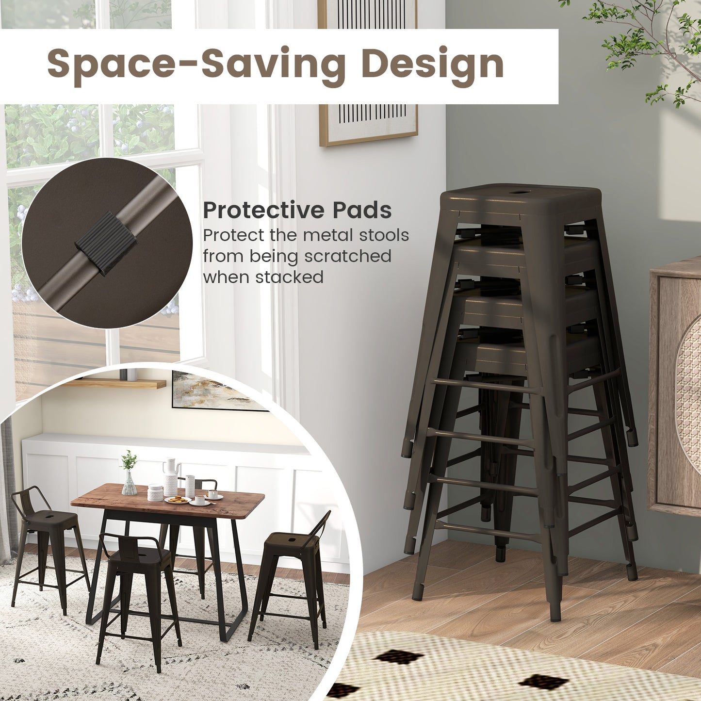 Set of 4 Stackable 24 Inch Metal Cafe Chairs with Removable Backs and Rubber Feet in Gunmetal