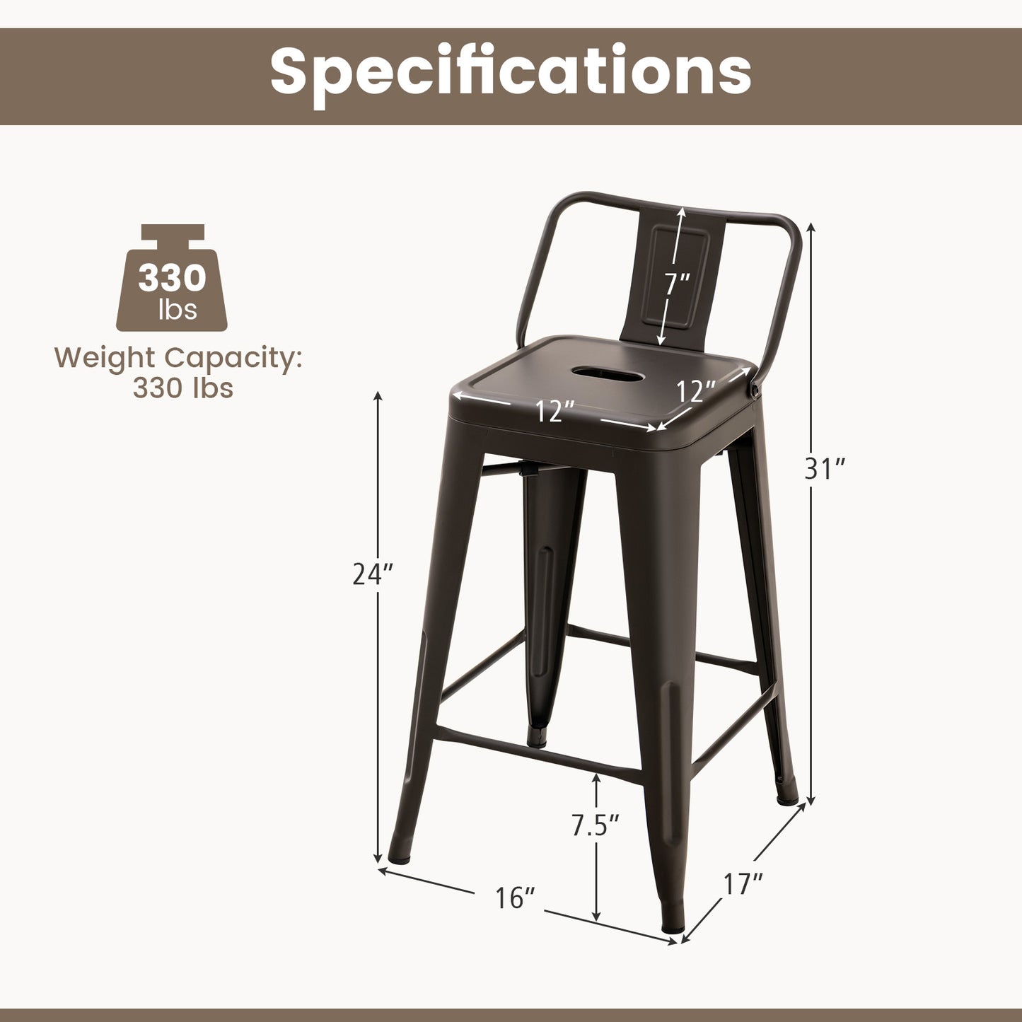 Set of 4 Stackable 24 Inch Metal Cafe Chairs with Removable Backs and Rubber Feet in Gunmetal