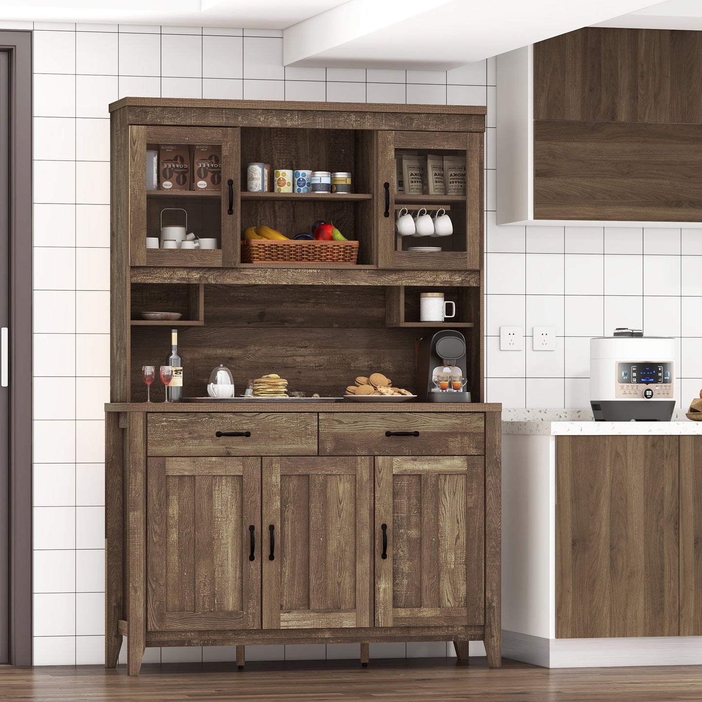 Freestanding Kitchen Hutch Cabinet with Spacious Microwave Countertop and Adjustable Shelves