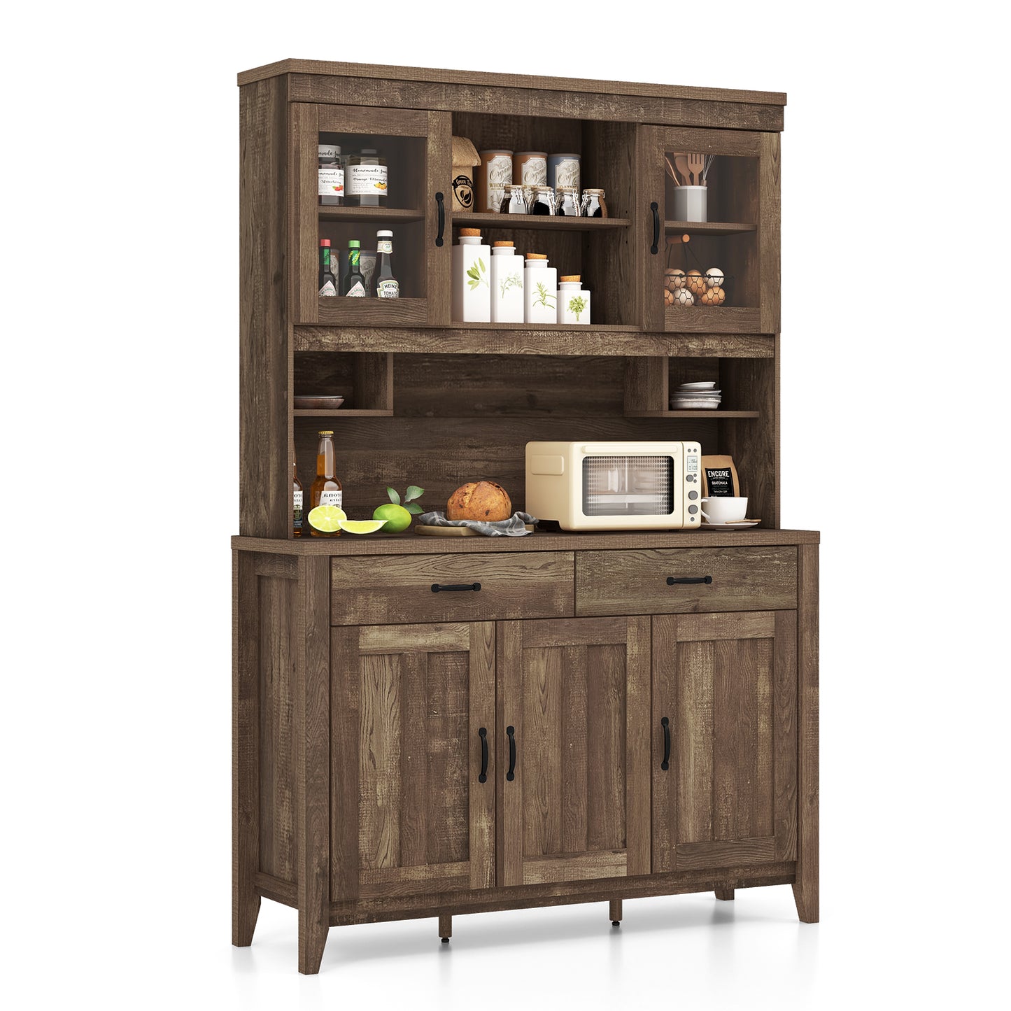 Freestanding Kitchen Hutch Cabinet with Spacious Microwave Countertop and Adjustable Shelves