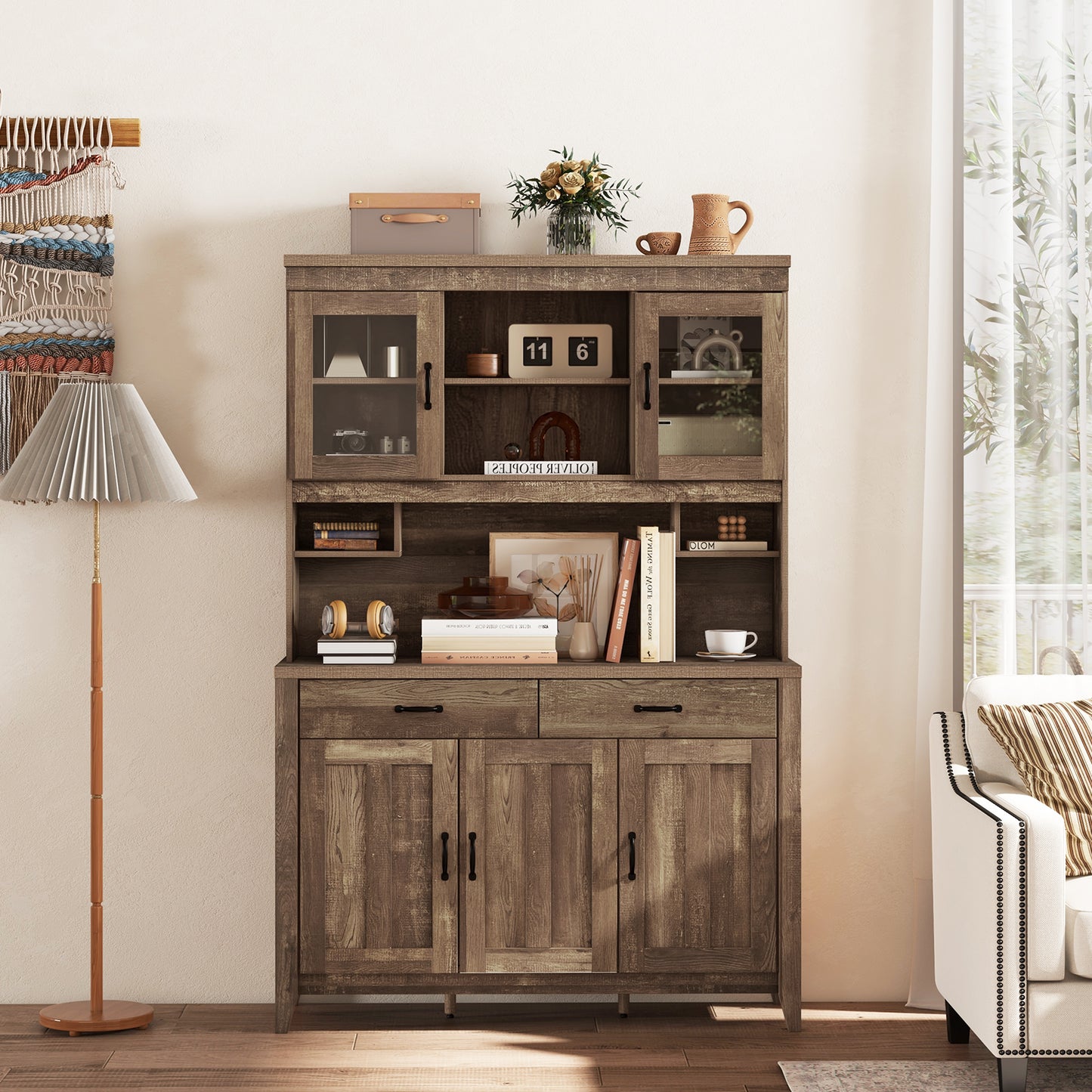 Freestanding Kitchen Hutch Cabinet with Spacious Microwave Countertop and Adjustable Shelves