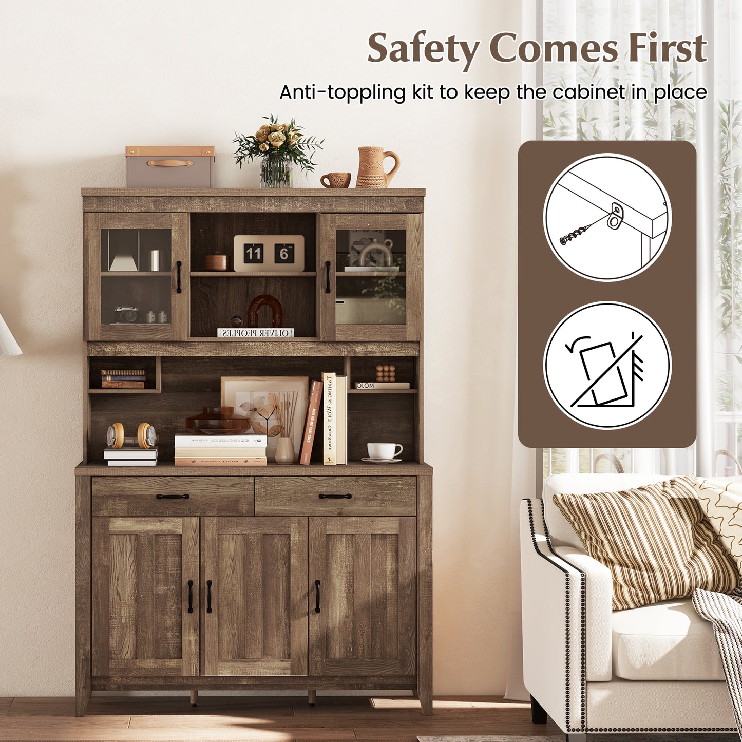 Freestanding Kitchen Hutch Cabinet with Spacious Microwave Countertop and Adjustable Shelves