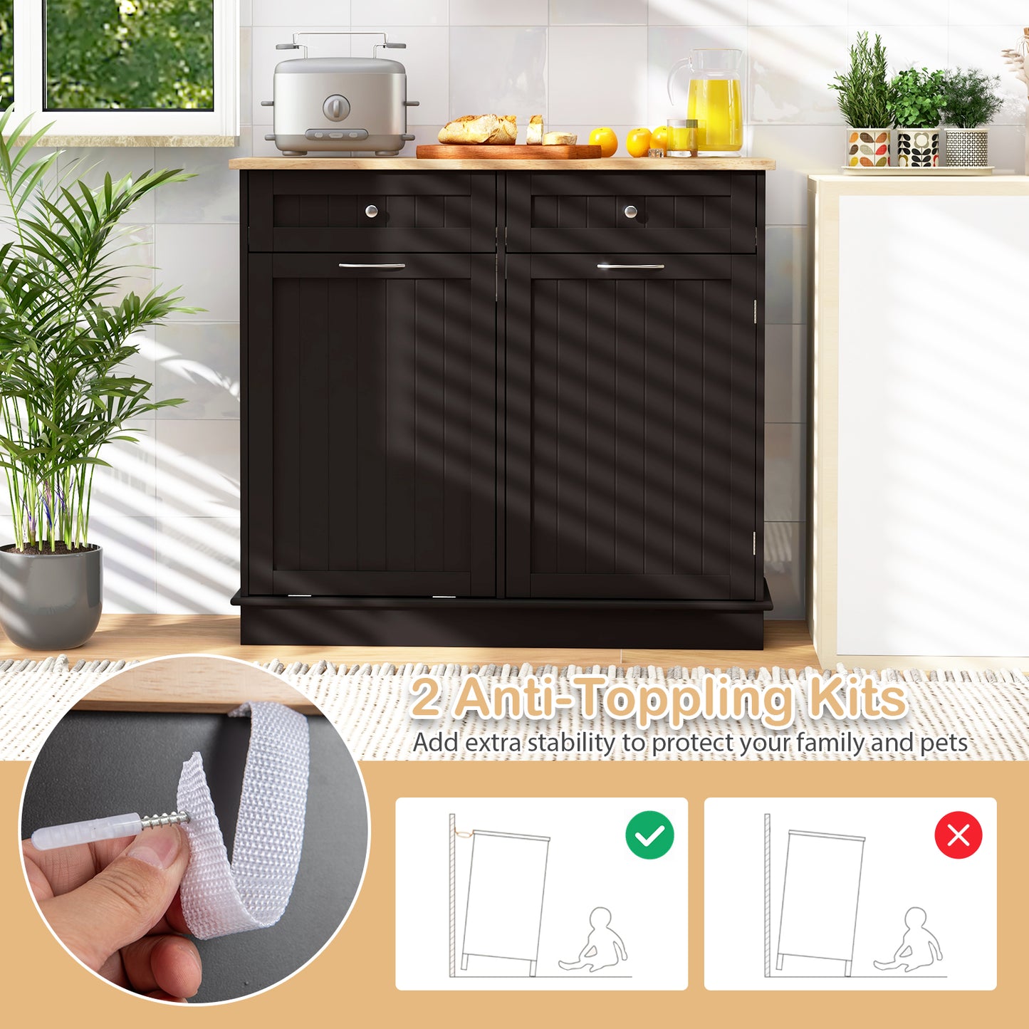 Kitchen Cabinet with Tilt-Out Bin, Dual Drawers and Adjustable Shelf - Brown