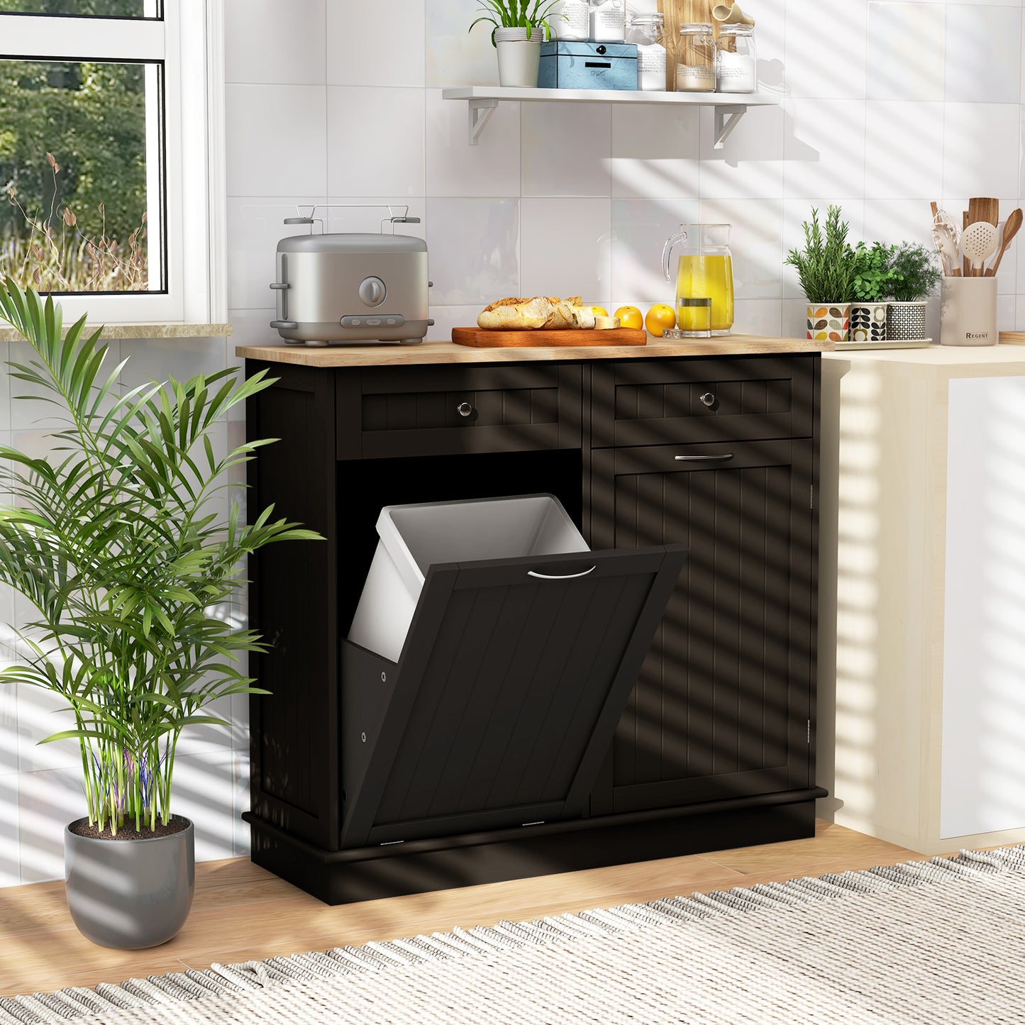 Kitchen Cabinet with Tilt-Out Bin, Dual Drawers and Adjustable Shelf - Brown