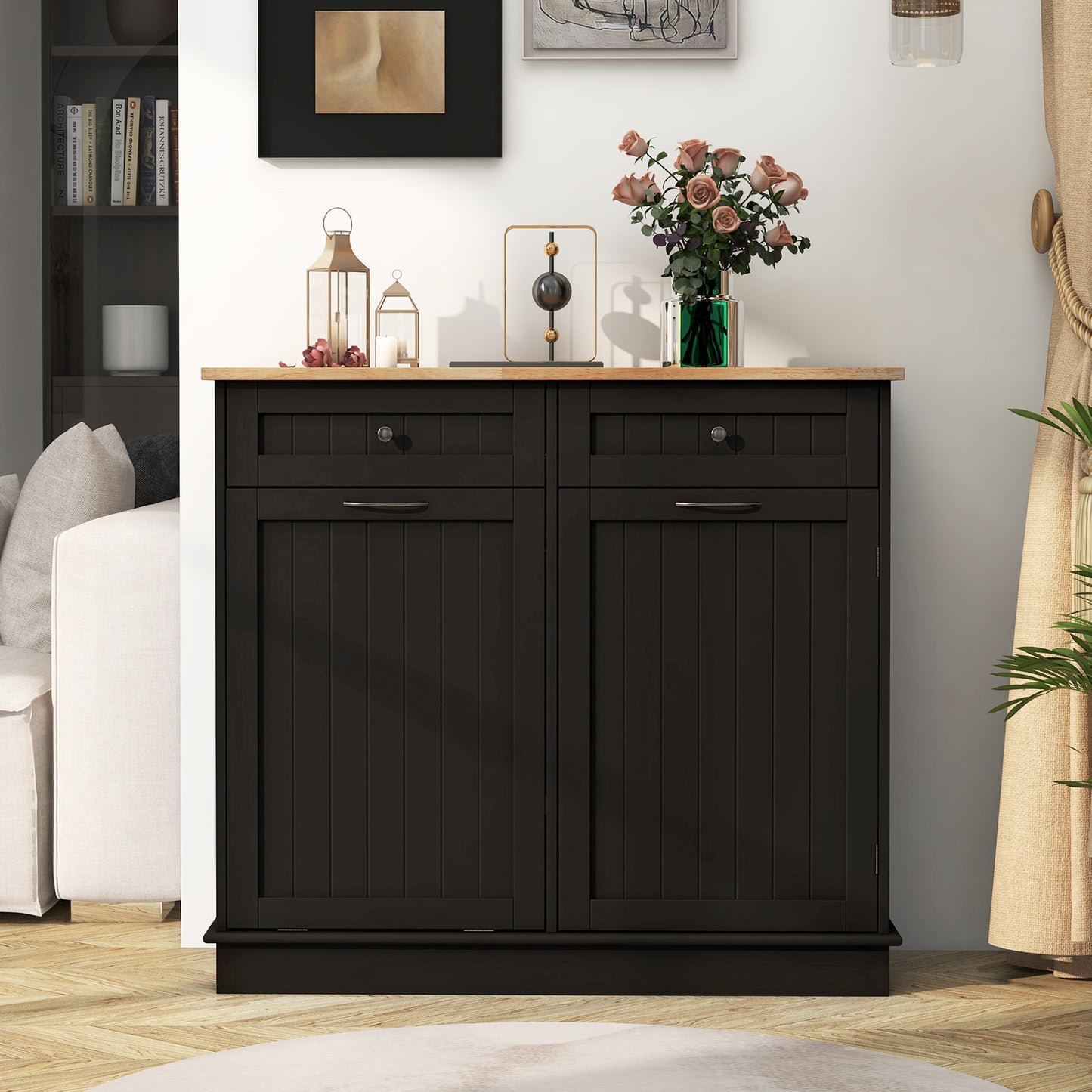 Kitchen Cabinet with Tilt-Out Bin, Dual Drawers and Adjustable Shelf - Brown