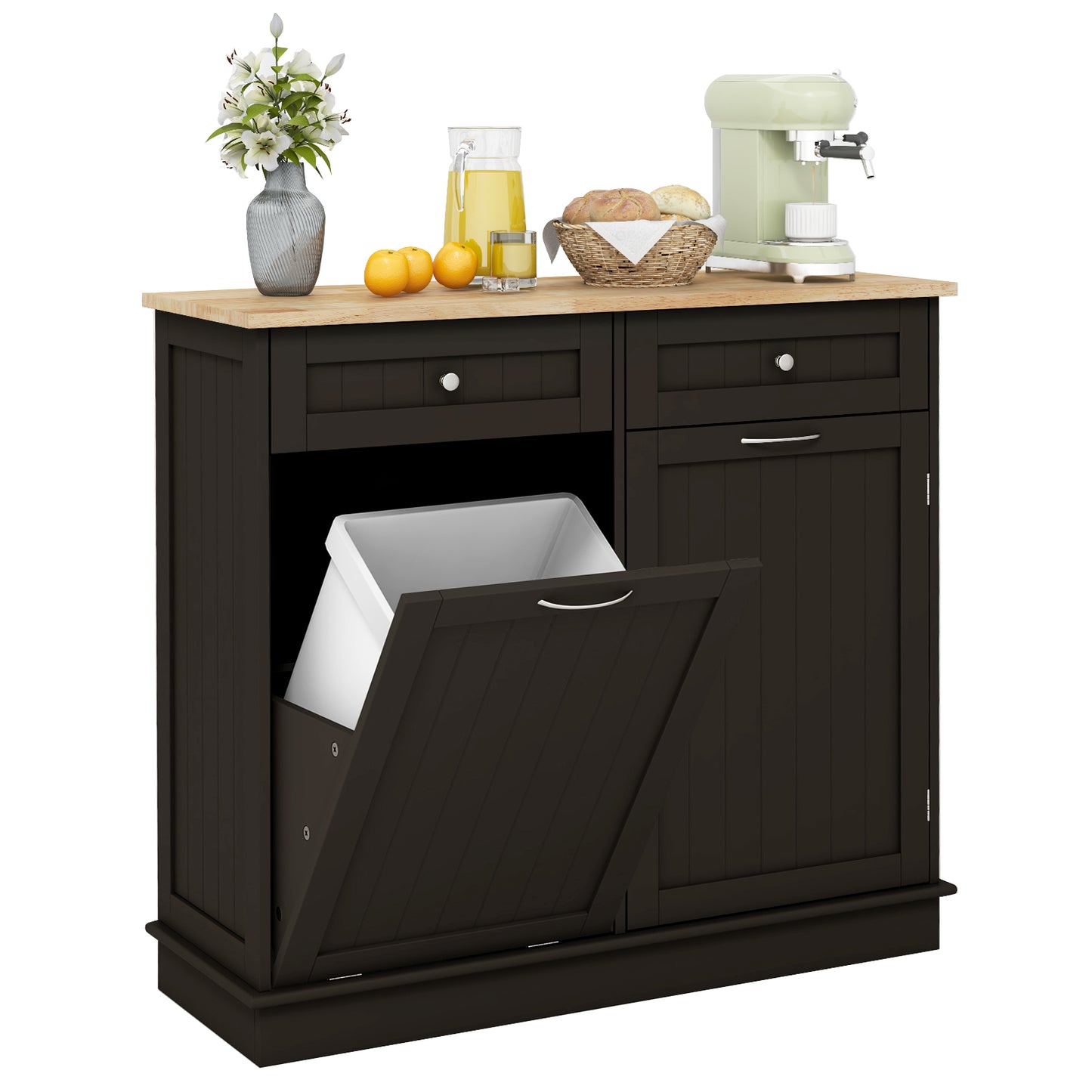 Kitchen Cabinet with Tilt-Out Bin, Dual Drawers and Adjustable Shelf - Brown