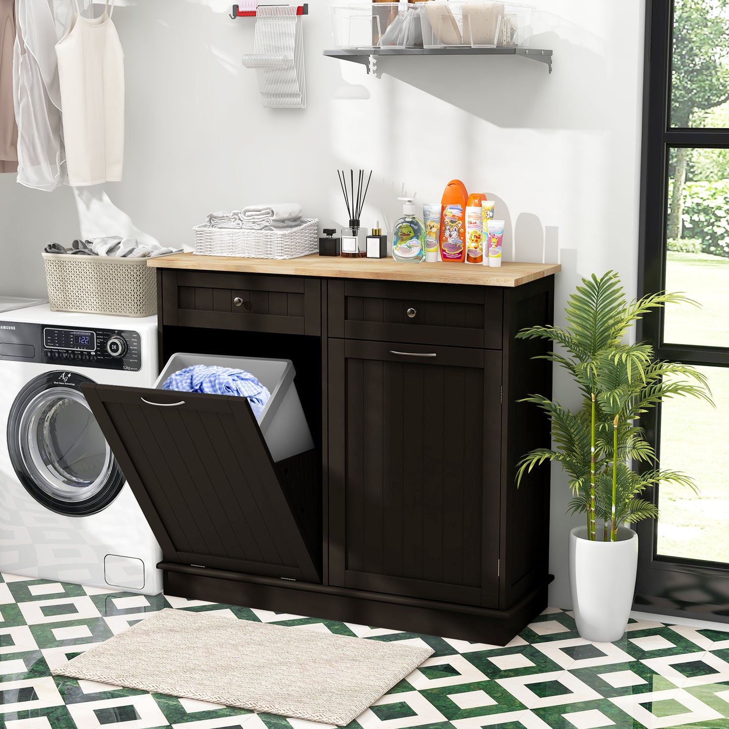 Kitchen Cabinet with Tilt-Out Bin, Dual Drawers and Adjustable Shelf - Brown