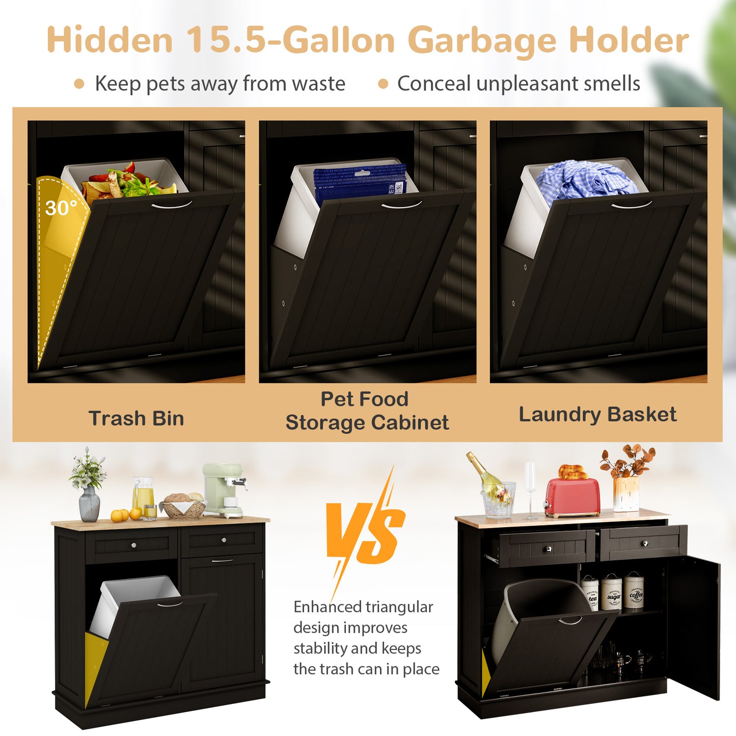Kitchen Cabinet with Tilt-Out Bin, Dual Drawers and Adjustable Shelf - Brown