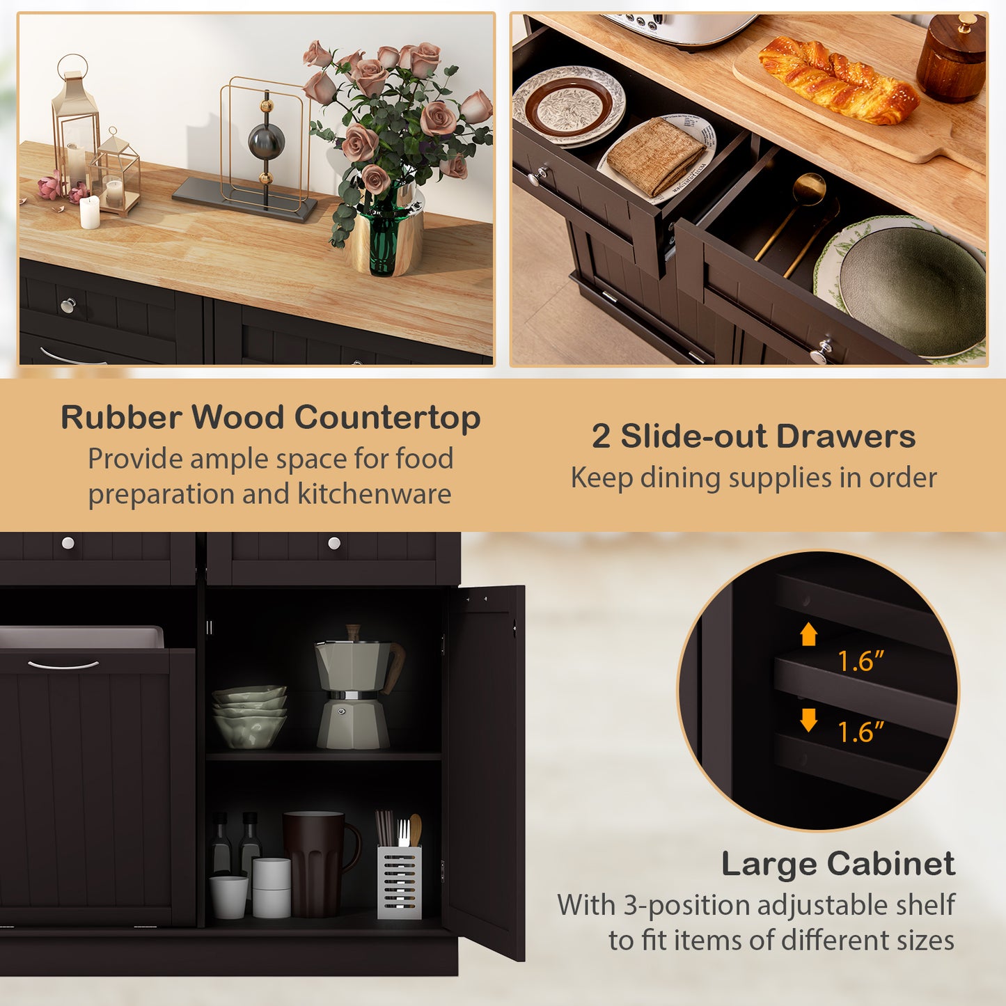 Kitchen Cabinet with Tilt-Out Bin, Dual Drawers and Adjustable Shelf - Brown