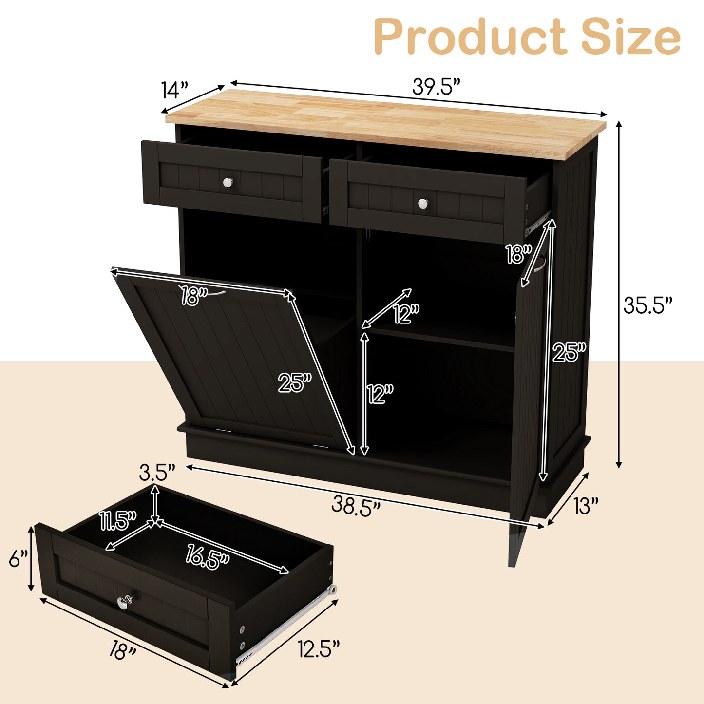 Kitchen Cabinet with Tilt-Out Bin, Dual Drawers and Adjustable Shelf - Brown