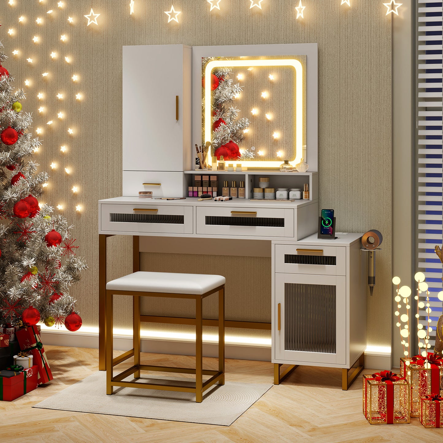 LED Lighted Makeup Vanity with Drawers & Cushioned Stool