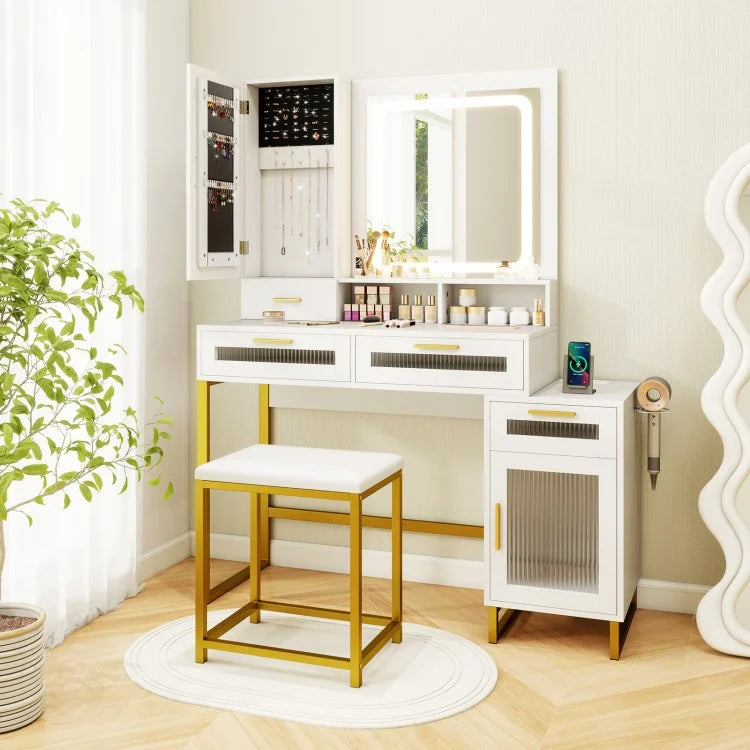 LED Lighted Makeup Vanity with Drawers & Cushioned Stool