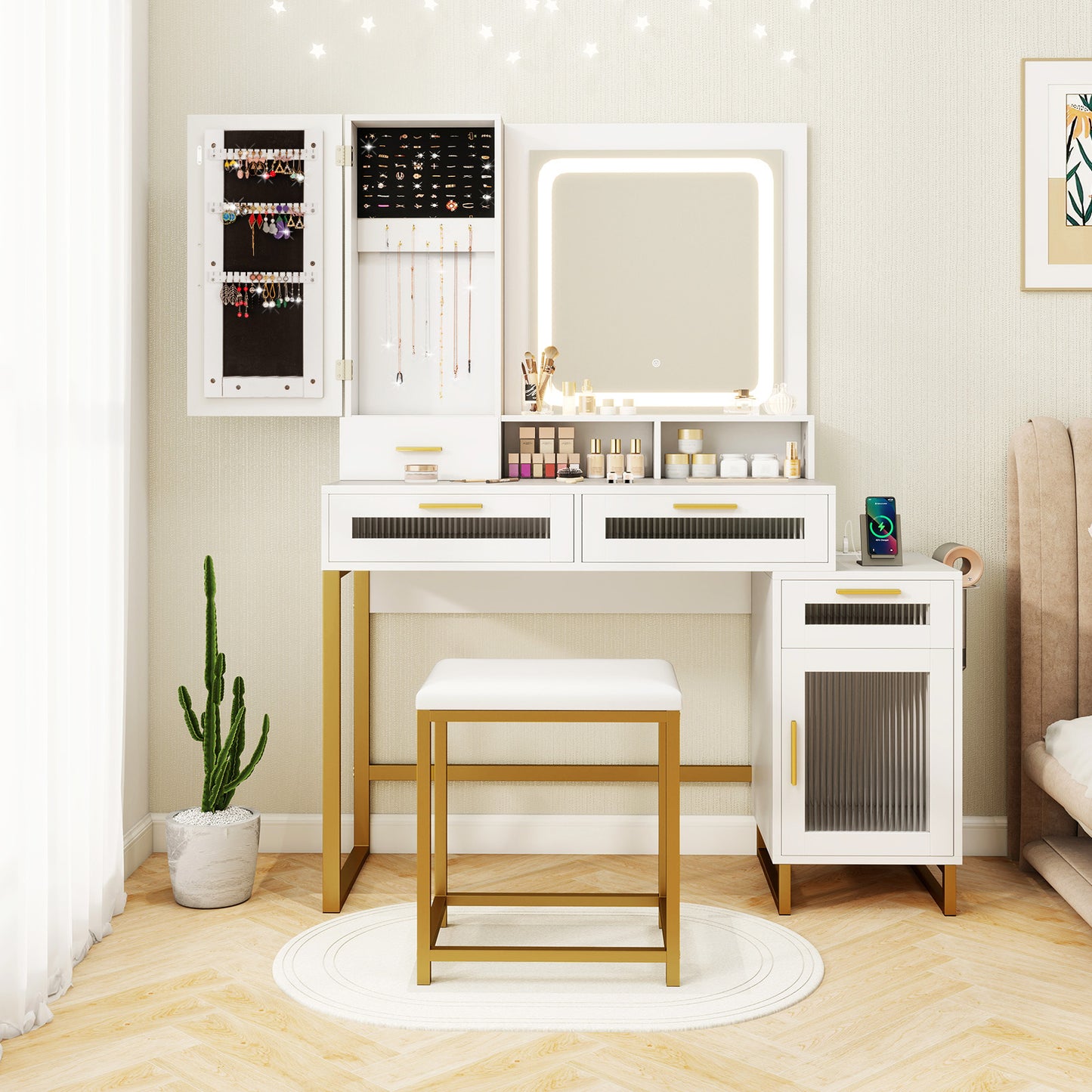 LED Lighted Makeup Vanity with Drawers & Cushioned Stool