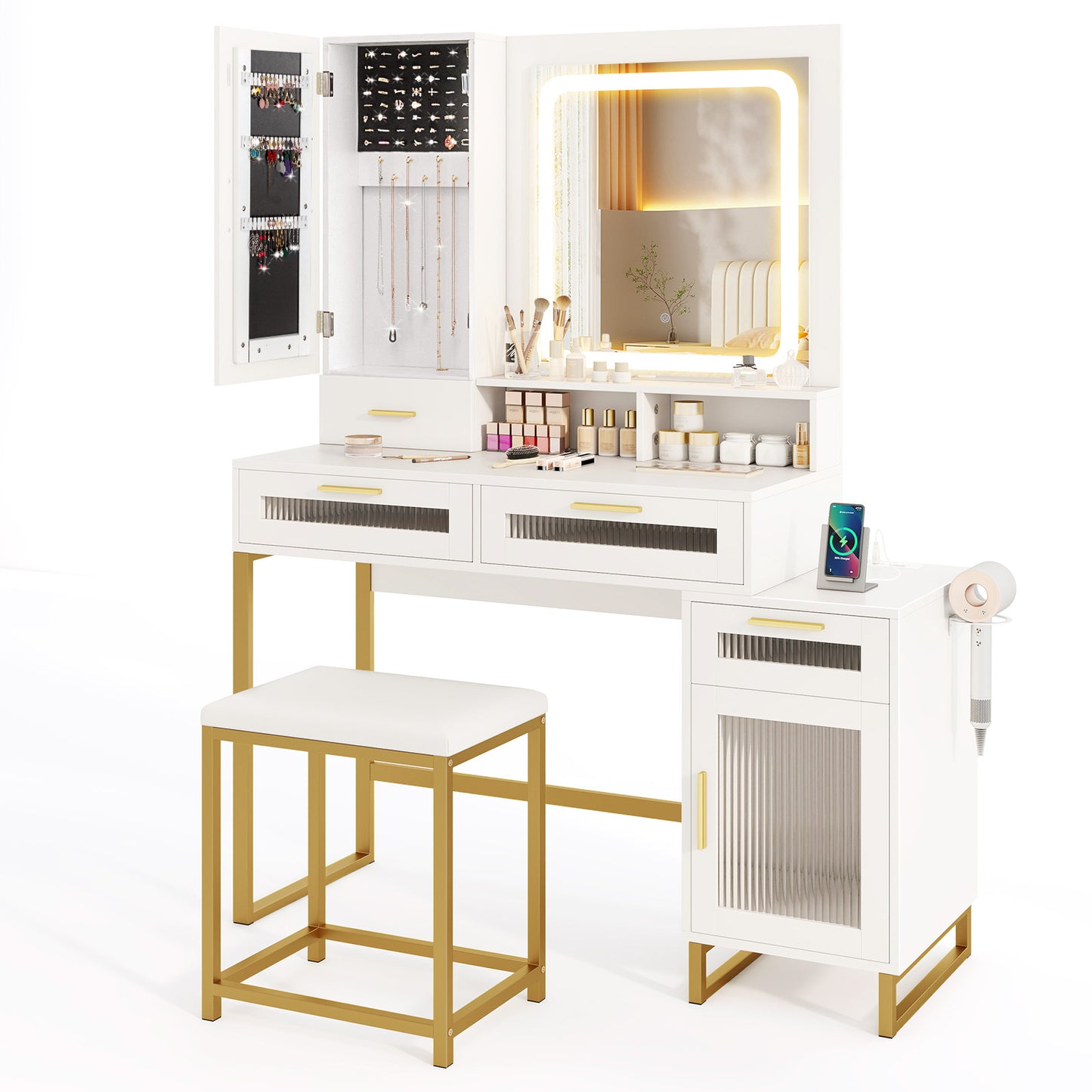 LED Lighted Makeup Vanity with Drawers & Cushioned Stool