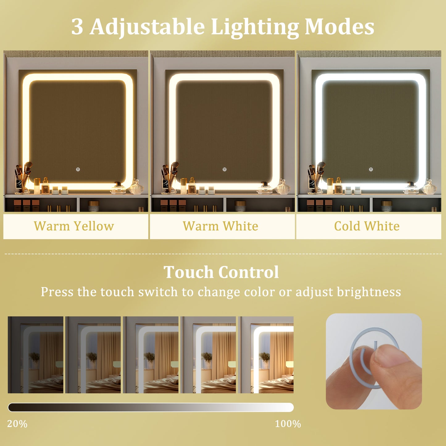LED Lighted Makeup Vanity with Drawers & Cushioned Stool