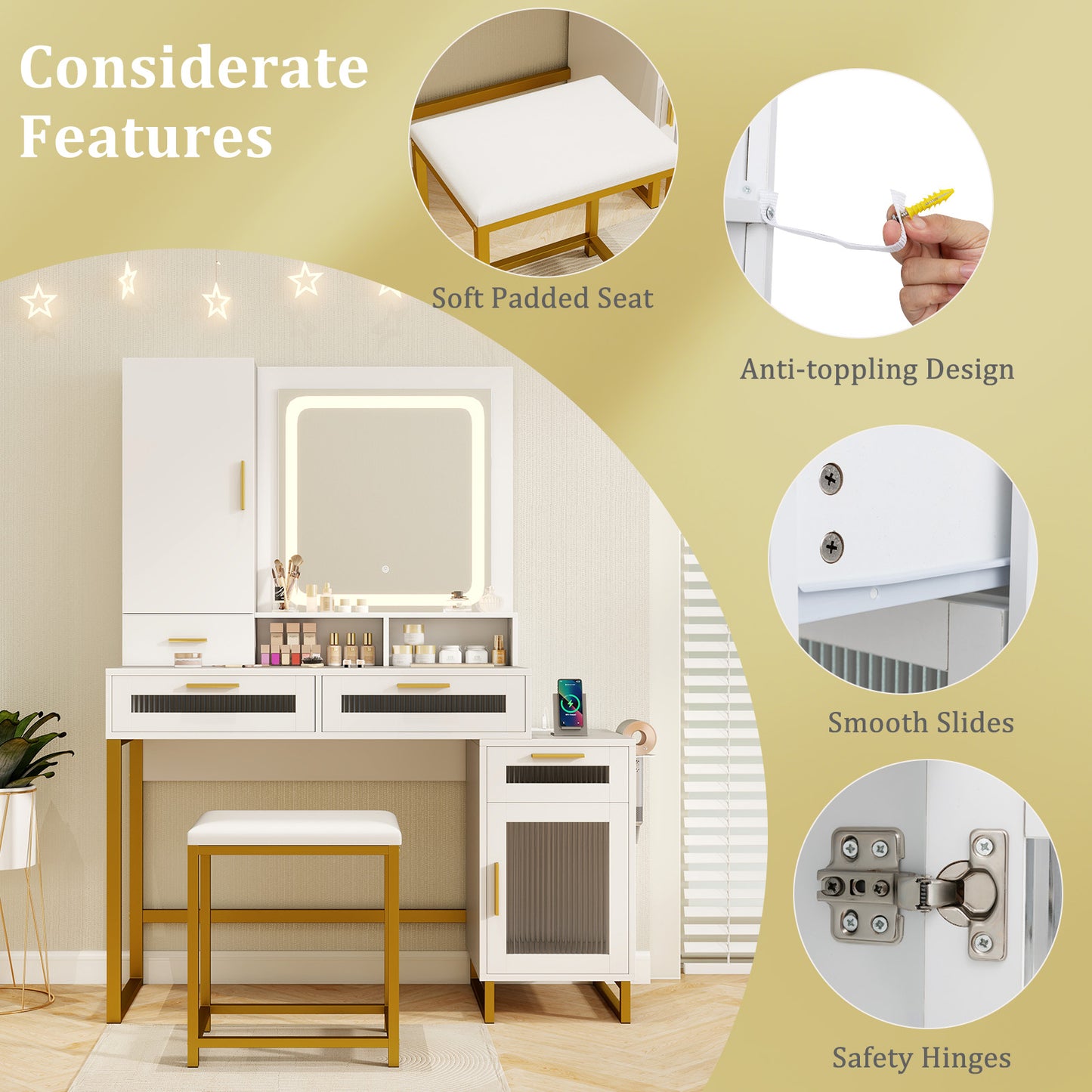 LED Lighted Makeup Vanity with Drawers & Cushioned Stool