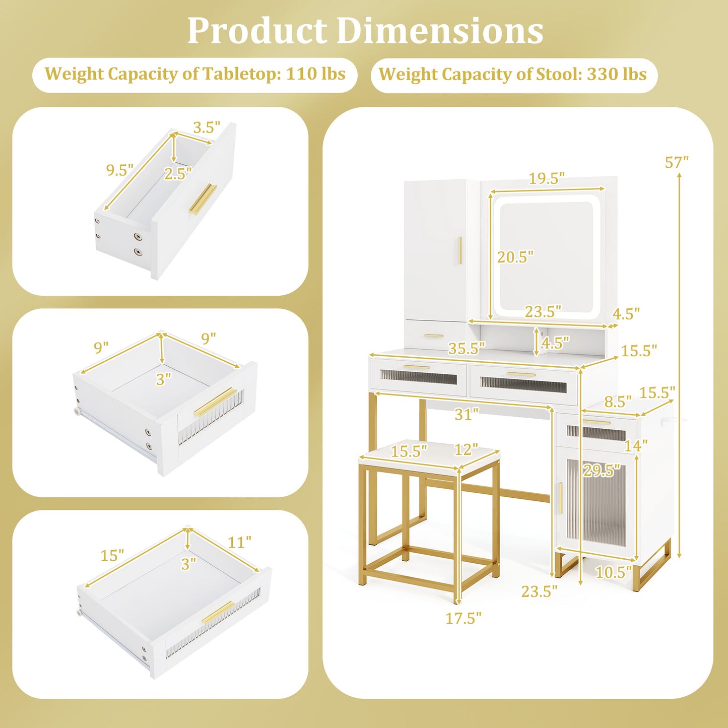 LED Lighted Makeup Vanity with Drawers & Cushioned Stool