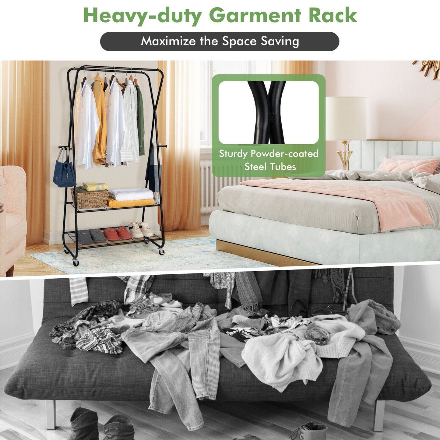Rolling Heavy Duty Clothes Rack with Shelves and Hanging Rods