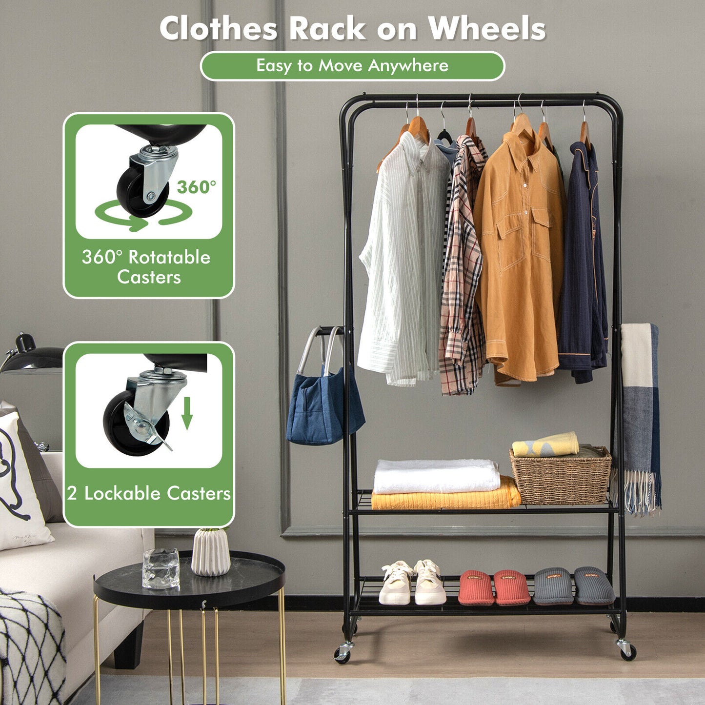 Rolling Heavy Duty Clothes Rack with Shelves and Hanging Rods