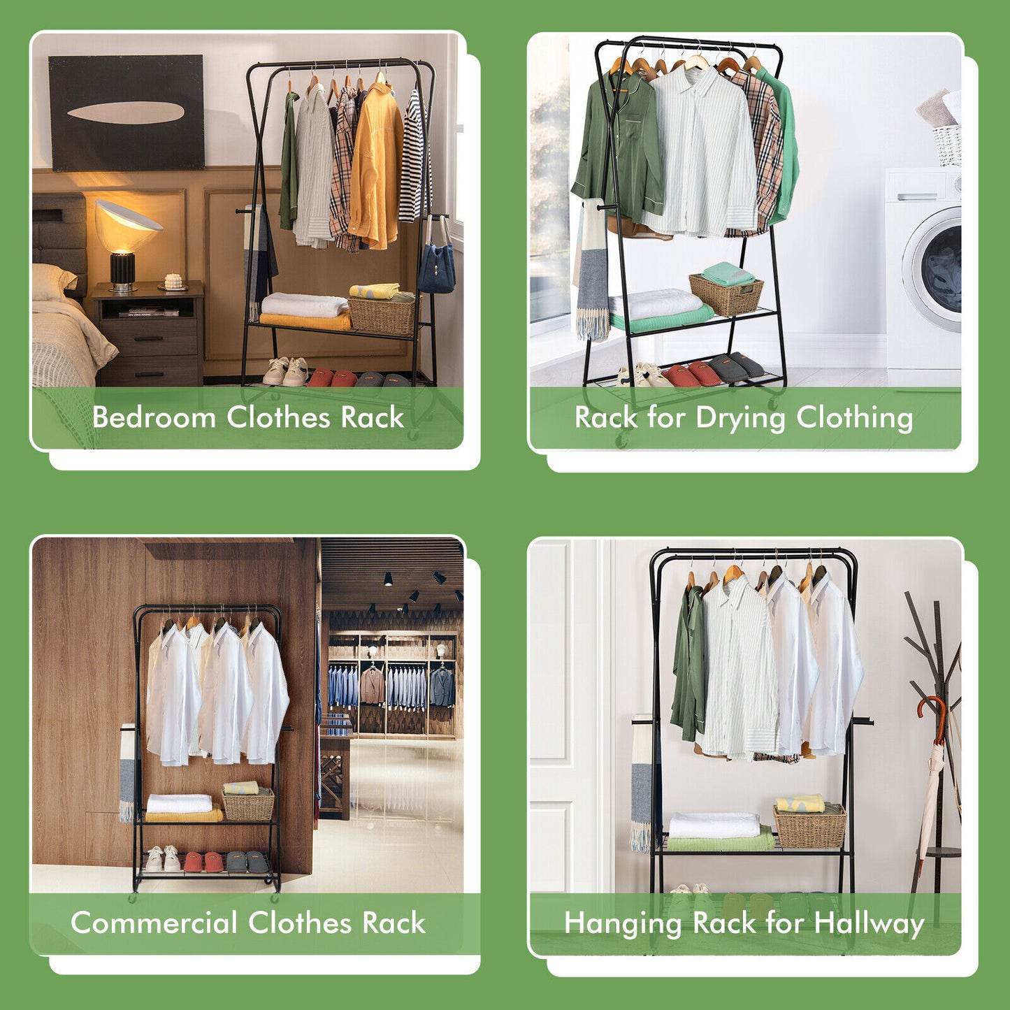 Rolling Heavy Duty Clothes Rack with Shelves and Hanging Rods