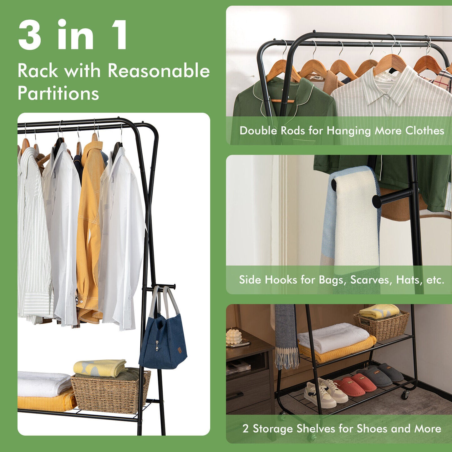 Rolling Heavy Duty Clothes Rack with Shelves and Hanging Rods