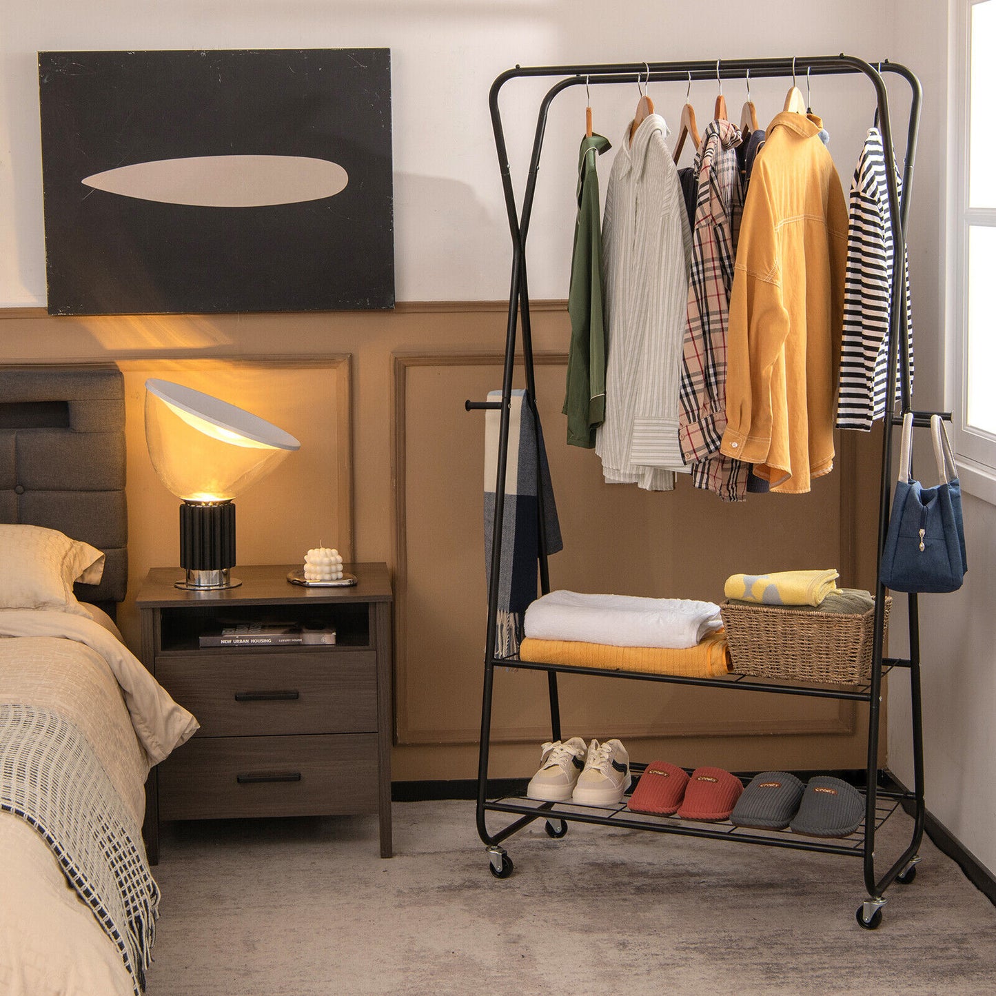 Rolling Heavy Duty Clothes Rack with Shelves and Hanging Rods