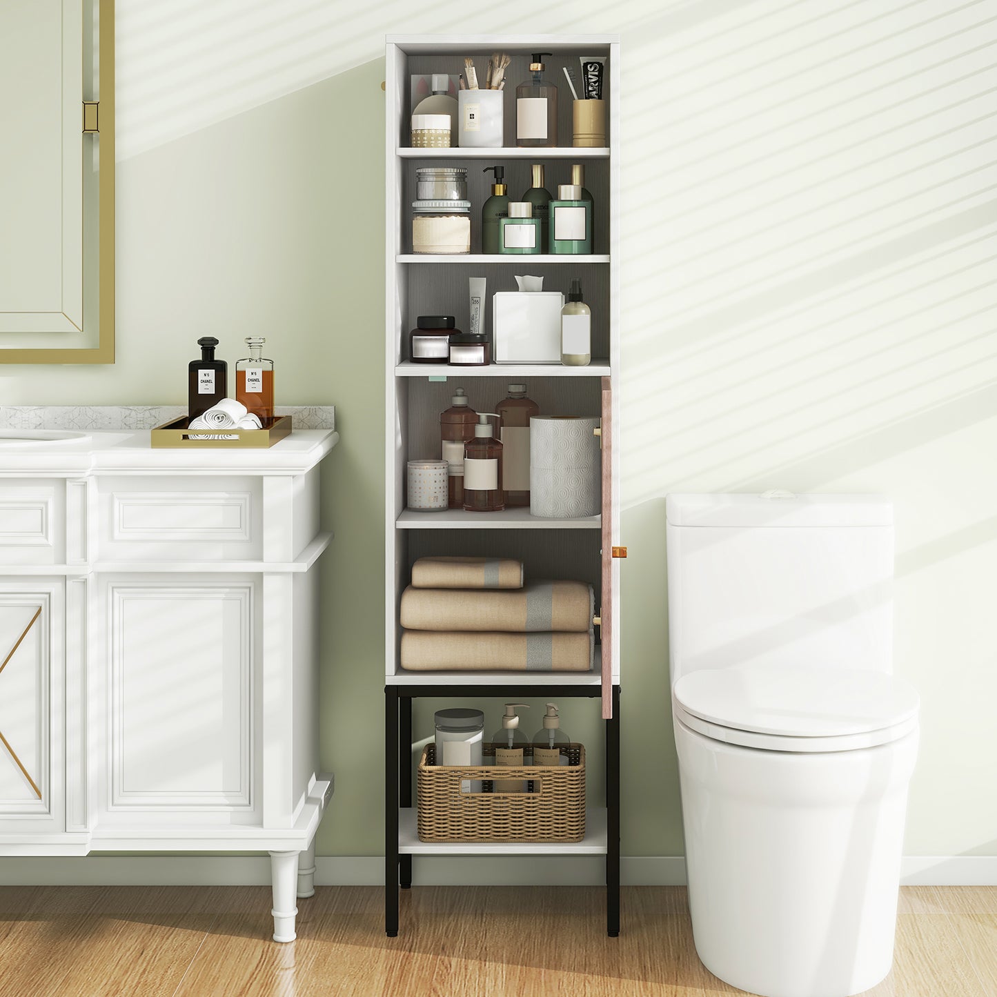 57 Inch Tall Bathroom Storage Cabinet with Adjustable Shelves and Door, Narrow Design