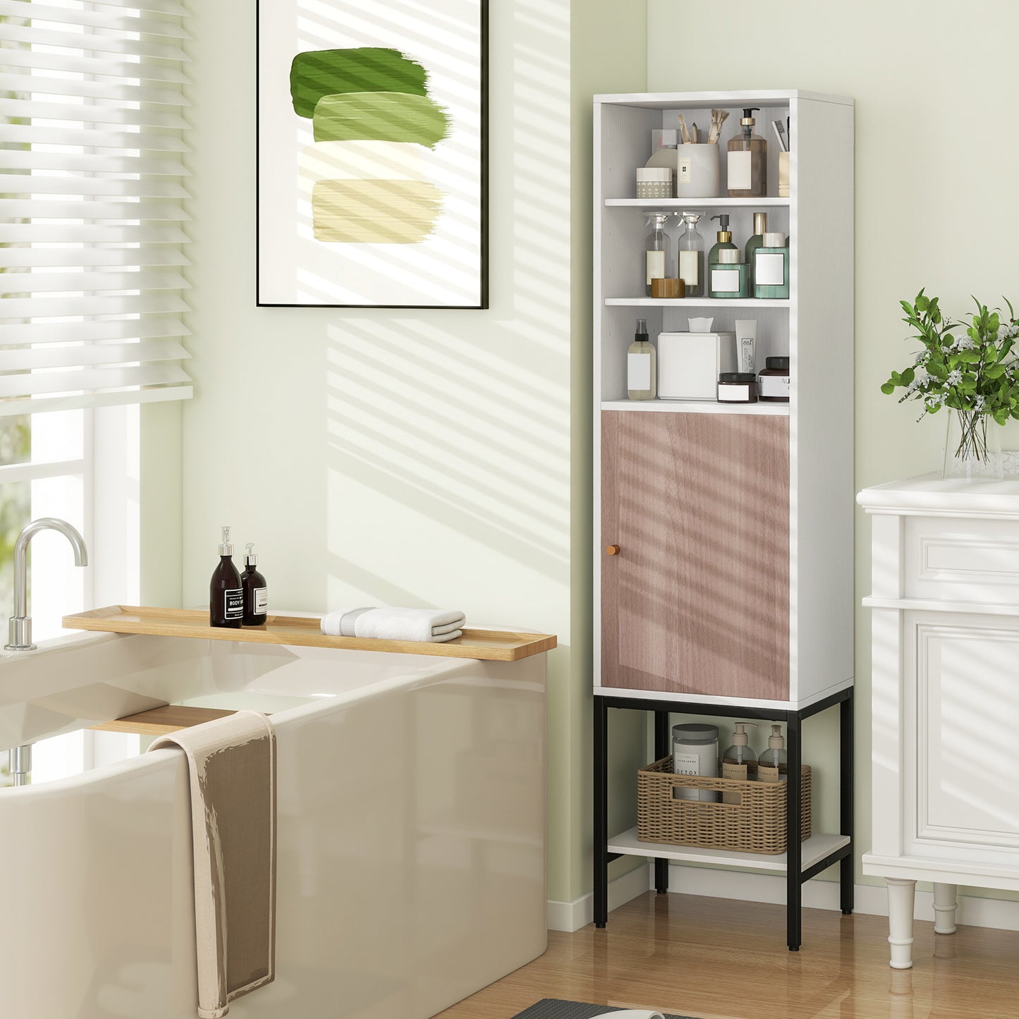 57 Inch Tall Bathroom Storage Cabinet with Adjustable Shelves and Door, Narrow Design