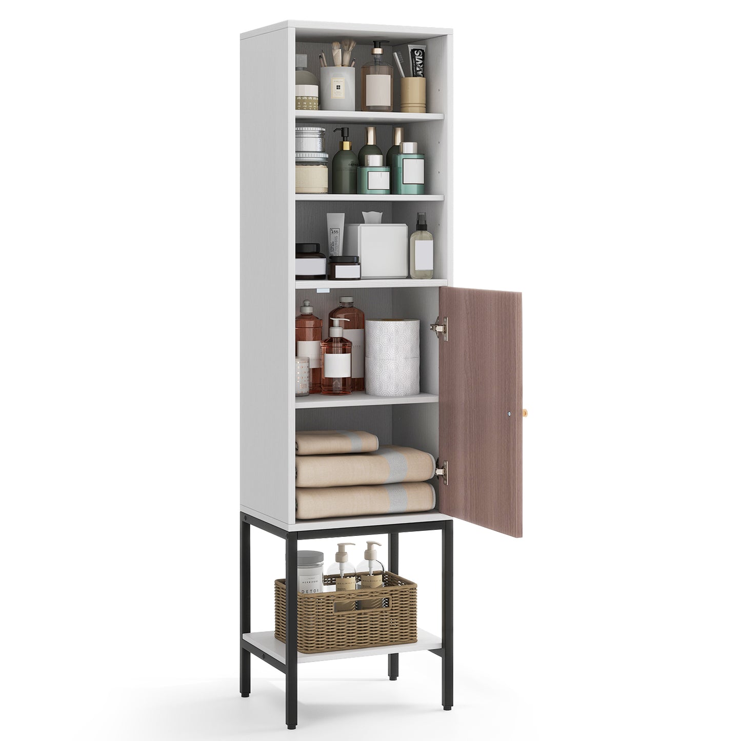 57 Inch Tall Bathroom Storage Cabinet with Adjustable Shelves and Door, Narrow Design