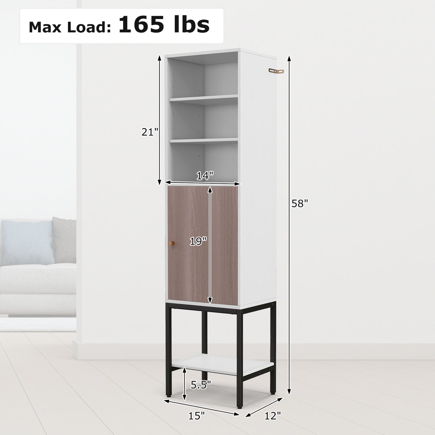 57 Inch Tall Bathroom Storage Cabinet with Adjustable Shelves and Door, Narrow Design