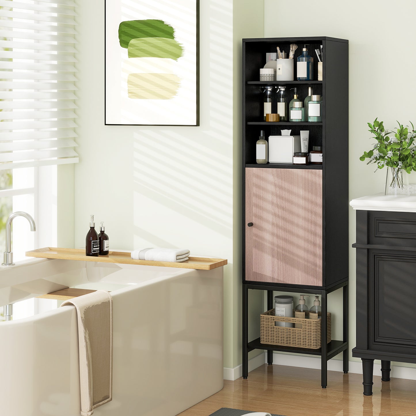 57 Inch Tall Bathroom Storage Cabinet with Adjustable Shelves and Door, Narrow Design