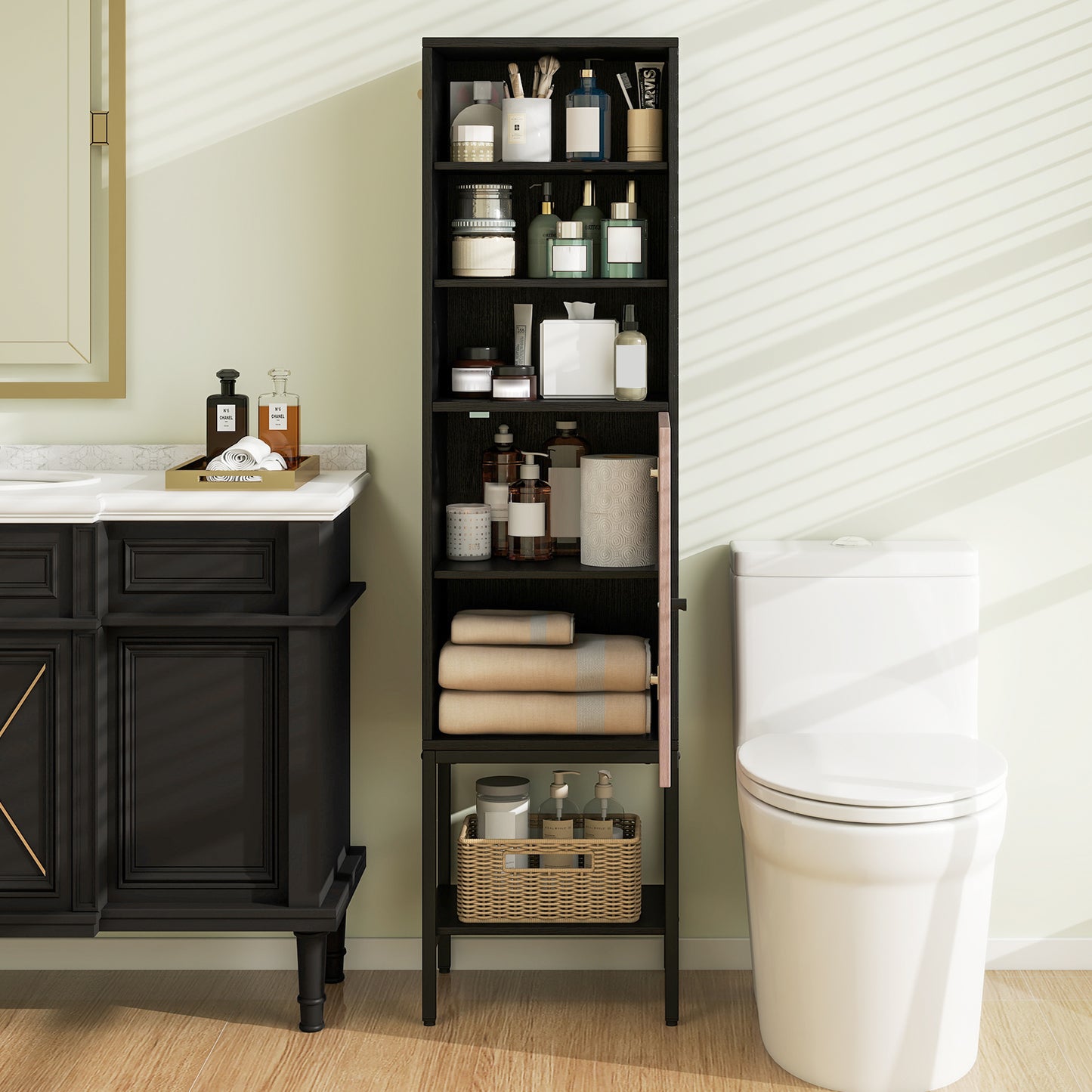 57 Inch Tall Bathroom Storage Cabinet with Adjustable Shelves and Door, Narrow Design