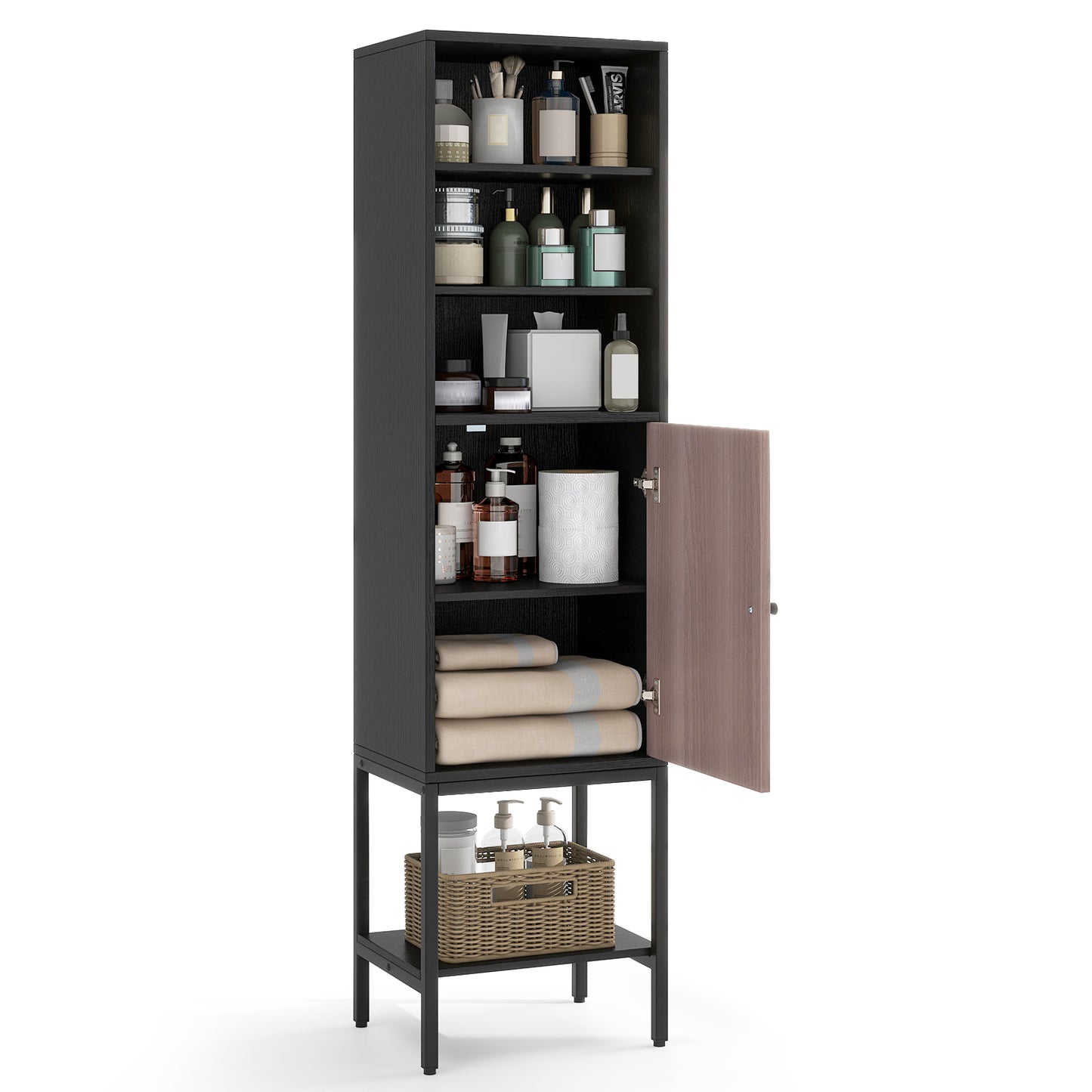 57 Inch Tall Bathroom Storage Cabinet with Adjustable Shelves and Door, Narrow Design