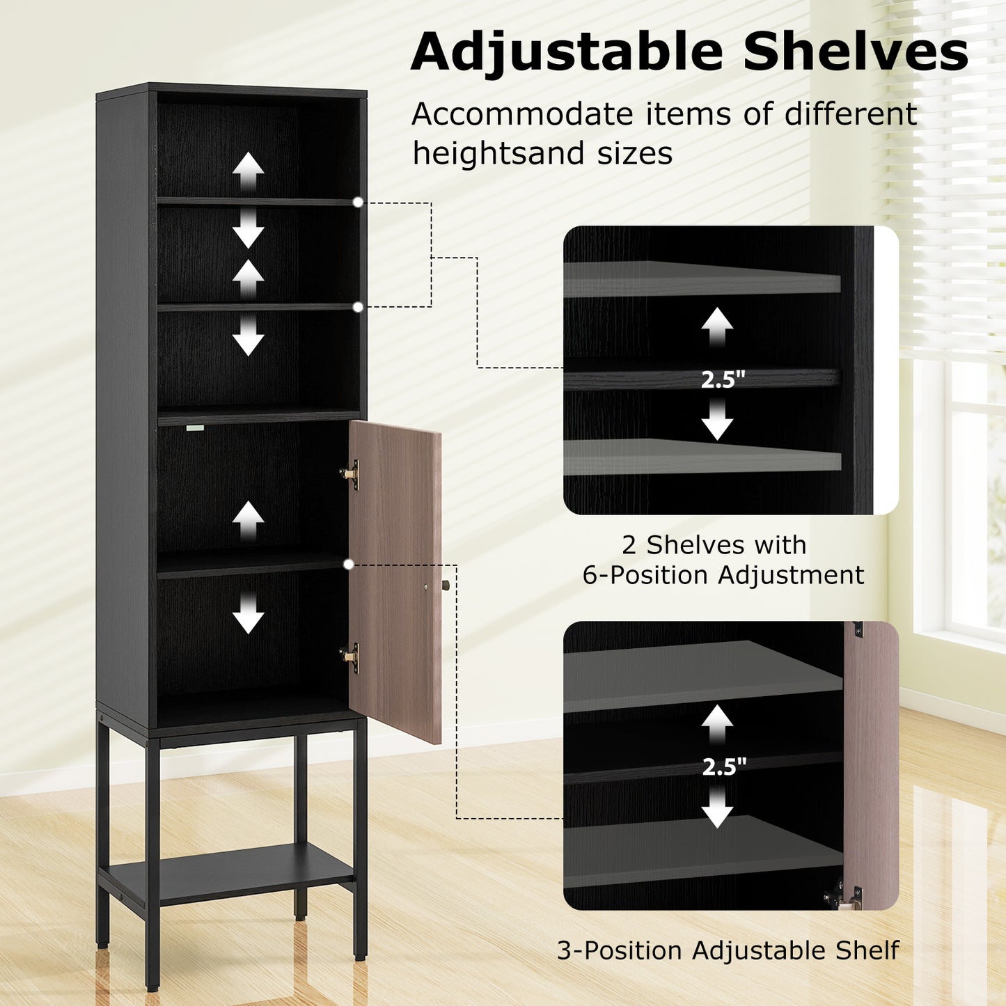 57 Inch Tall Bathroom Storage Cabinet with Adjustable Shelves and Door, Narrow Design