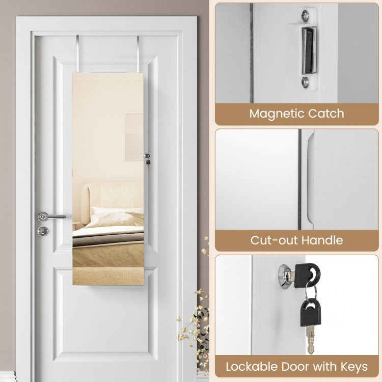 43.5 Inch Jewelry Mirror Cabinet with Full-Length Mirror, Adjustable Hangers, Lockable Storage – White