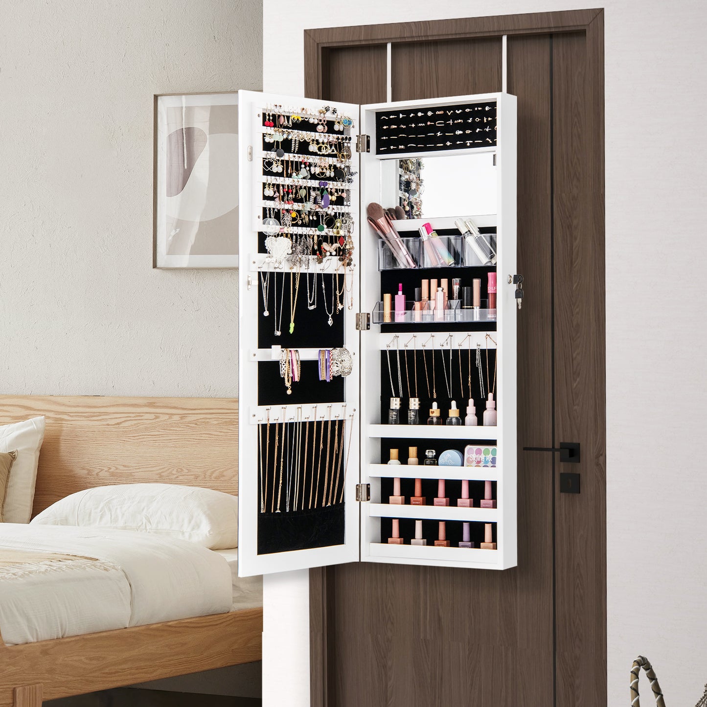 43.5 Inch Jewelry Mirror Cabinet with Full-Length Mirror, Adjustable Hangers, Lockable Storage – White
