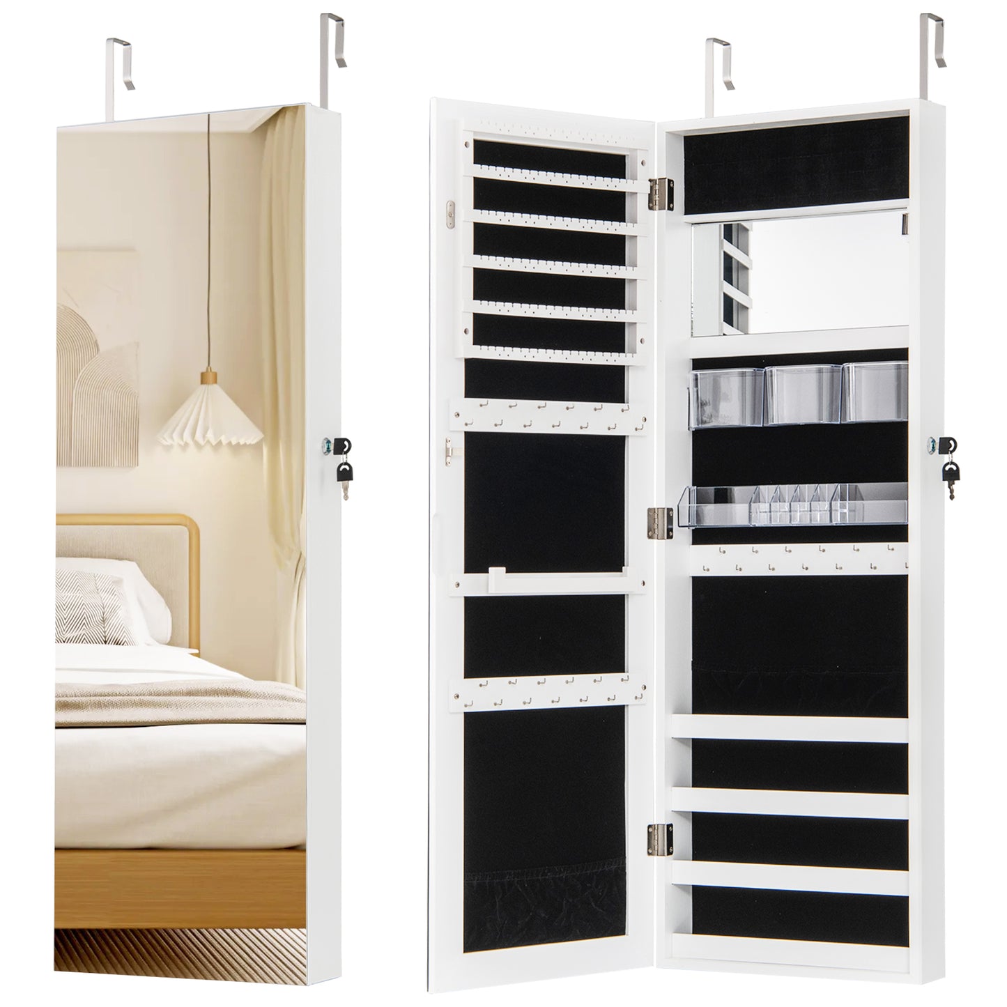 43.5 Inch Jewelry Mirror Cabinet with Full-Length Mirror, Adjustable Hangers, Lockable Storage – White