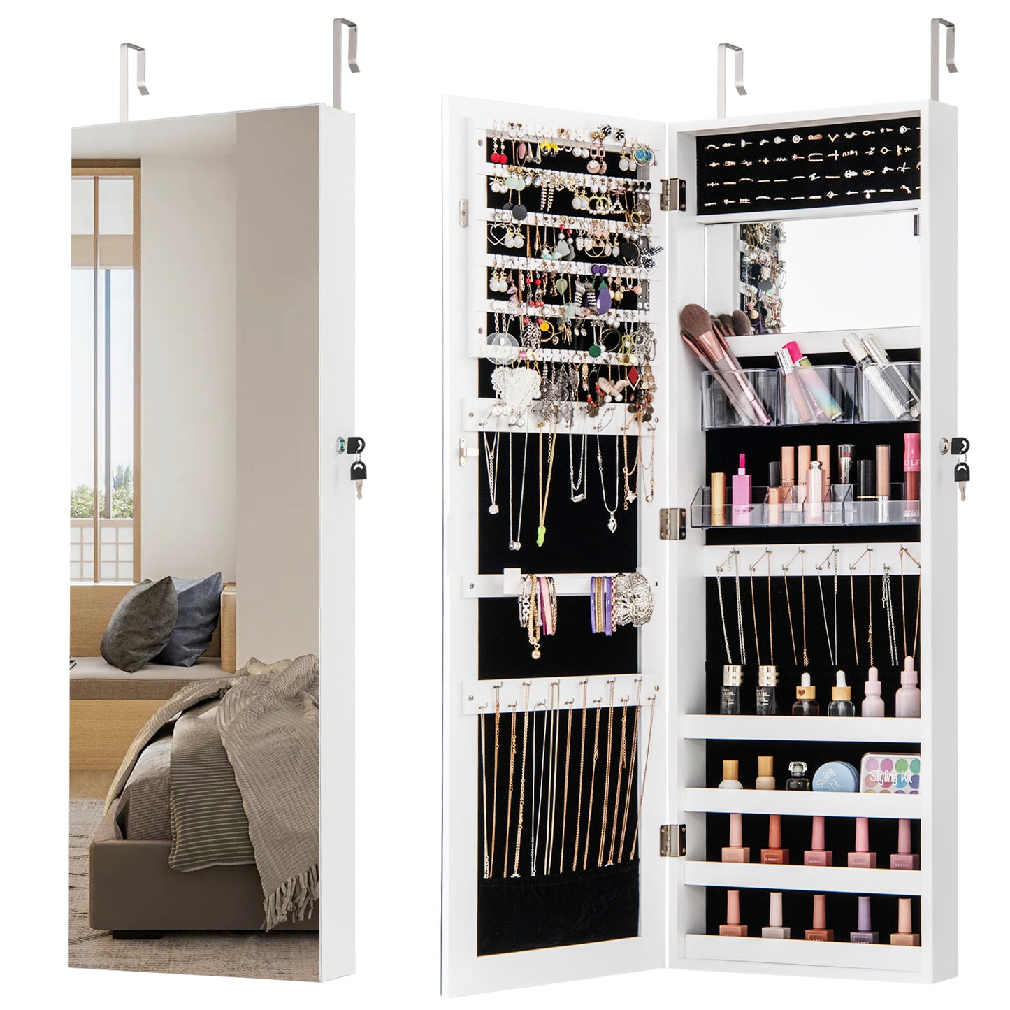 43.5 Inch Jewelry Mirror Cabinet with Full-Length Mirror, Adjustable Hangers, Lockable Storage – White