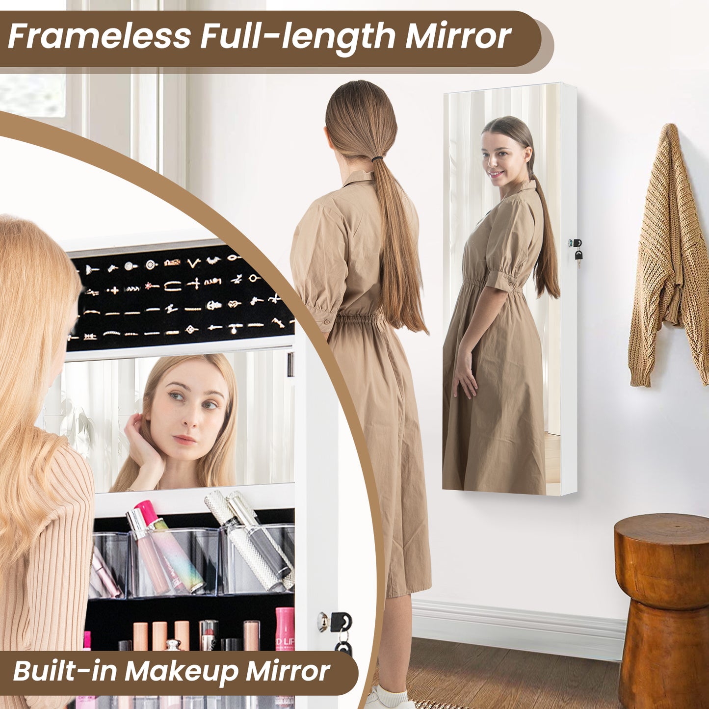 43.5 Inch Jewelry Mirror Cabinet with Full-Length Mirror, Adjustable Hangers, Lockable Storage – White